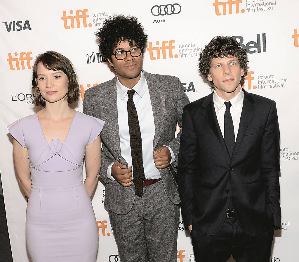 TORONTO, ON - SEPTEMBER 07:  (L-R) Actress Mia Wasikowska, (L) director Richard Ayoade and actor Jesse Eisnberg arrive to the premiere of "The Double" during the 2013 Toronto International Film Festival at Winter Garden Theatre on September 7, 2013 in Toronto, Canada.  (Photo by Michael Buckner/Getty Images)