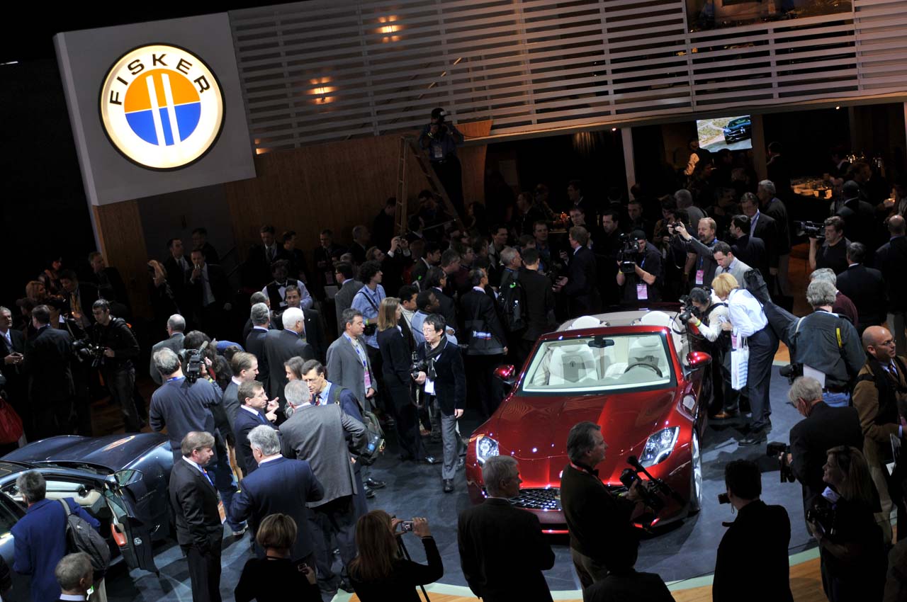 DETROIT - JANUARY 11:  Fisker Automotive shows off the Karma S plug-in hybrid during the second press preview for the Detroit International Auto Show at the Cobo Center January 12, 2009 in Detroit, Michigan. The 2009 North American International Auto Show (NAIAS) opens to the public January 17. Automakers have cut back on their displays to save money and are focusing more on the cars they plan to produce in response to the financial weakening of the industry.  (Photo by Bryan Mitchell/Getty Images)