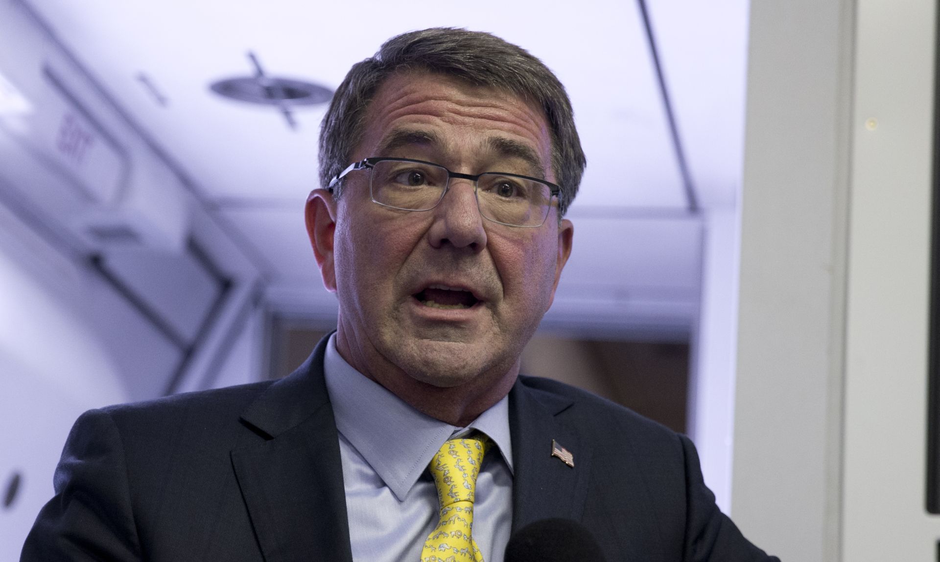 JEDDA, SAUDI ARABIA - JULY 22:  U.S. Defense Secretary Ash Carter speaks with media on a military aircraft after departing on July 22, 2015 in Jedda, Saudi Arabia. While in Jiddah Carter met with Saudi Arabian King Salman bin Abdul Aziz and other Saudi officials. (Photo by Carolyn Kaster - Pool/Getty Images)