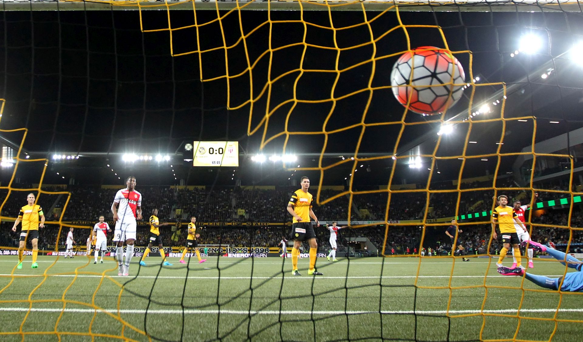 BERN, SWITZERLAND - JULY 28: Layvin Kurzawa of AS Monaco (not pictured) shoots his team's opening goal during the UEFA Champions League third qualifying round 1st leg match between BSC Young Boys and AS Monaco at Stade de Suisse on July 28, 2015 in Bern, Switzerland. (Photo by Philipp Schmidli/Getty Images)