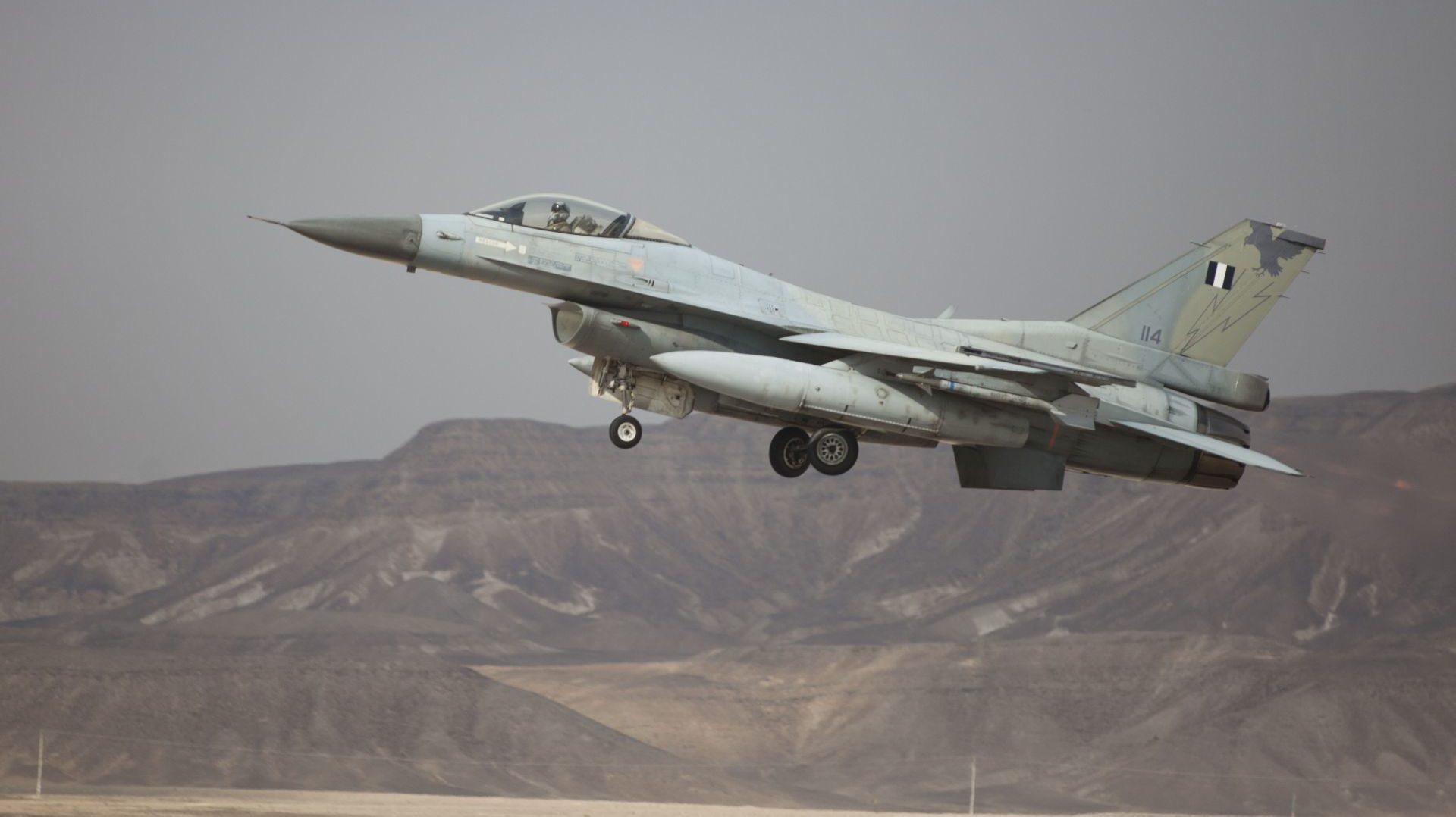 EILAT, ISRAEL - DECEMBER 09:  A Greek F-16 jet takes off on December 9, 2014 at the Ovda airbase in the Negev Desert near Eilat, southern Israel. Israel and Greece concluded a Joint Air Forces drill during the joint IDF-Hellenic Air Force drill week. On Sunday, official Syrian media reported that Israeli jets had bombed targets near Damascus International Airport and in the town of Dimas, north of Damascus and near the border with Lebanon.  (Photo by Lior Mizrahi/Getty Images)