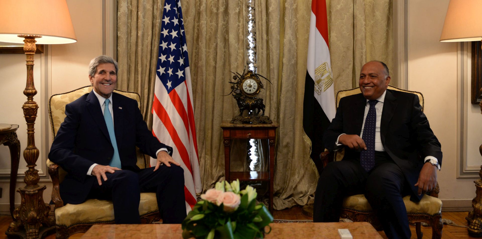 epa04869574 US Secretary of state John Kerry (L) meet his Egyptian conterpart Sameh Shoukry (R) in Cairo 2 August 2015 as part of what is being described as a strategic dialogue  between the two countries, including bilateral relations,   and the latest developments in the Middle East.  EPA/MOHAMED HOSSAM