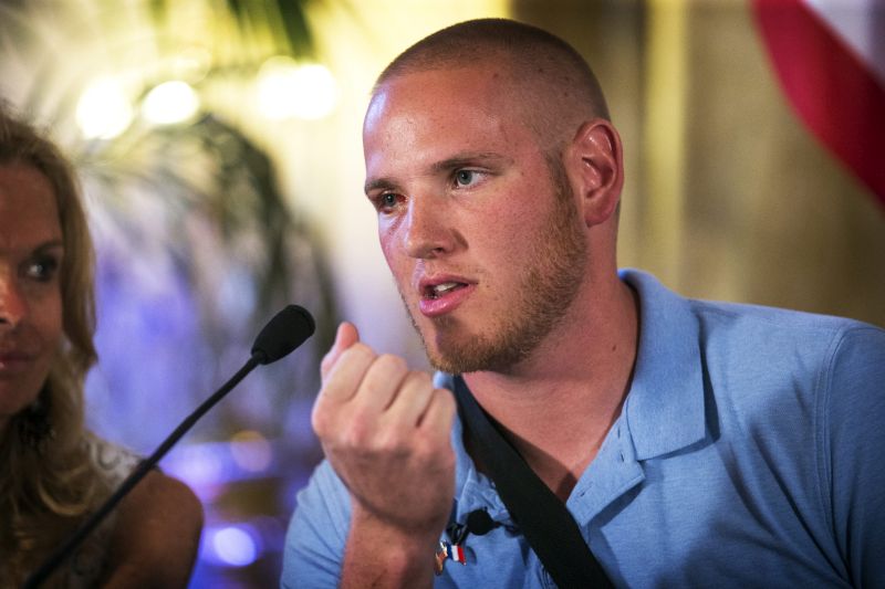 epa04969073 (FILE) A file photo dated France, 23 August 2015 of US serviceman Spencer Stone giving his version of what happened when he along with two others stopped a Moroccan citizen who opened fire on a high-speed Thalys train travelling to Paris from Amsterdam on 21 August, during a press conference at the US embassy in Paris, France. Media reports on 08 October 2015 state that Spencer Stone was stabbed in Sacramento, California, USA. Citing US Air Force sources, the reports say, he was in stable condition.  EPA/ETIENNE LAURENT