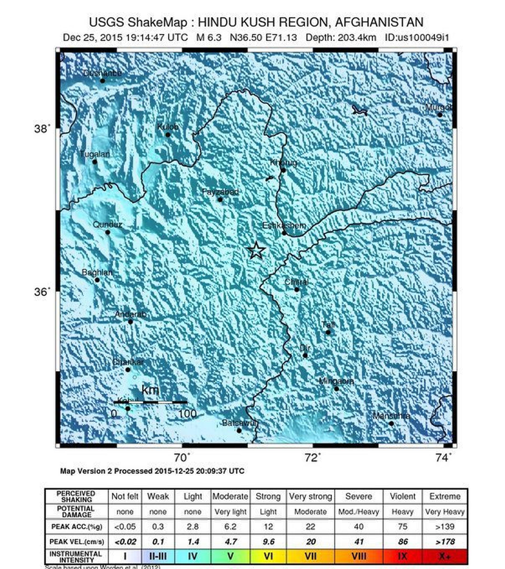 epa05080952 An intensity shake map released by the US Geological Survey (USGS) on 25 December 2015 shows the location where a preliminary 6.3 magnitude earthquake struck 41km WSW of Ashkasham, Afghanistan, 25 December 2015. According to seismological monitors, the location of the earthquake was 81 km southeast of Feyzabad in Afghanistan. Reports states that the quake was felt in the Afghan capital Kabul and the Pakistani capital Islamabad but there were no immediate reports of casualties.  EPA/USGS / HANDOUT  HANDOUT EDITORIAL USE ONLY