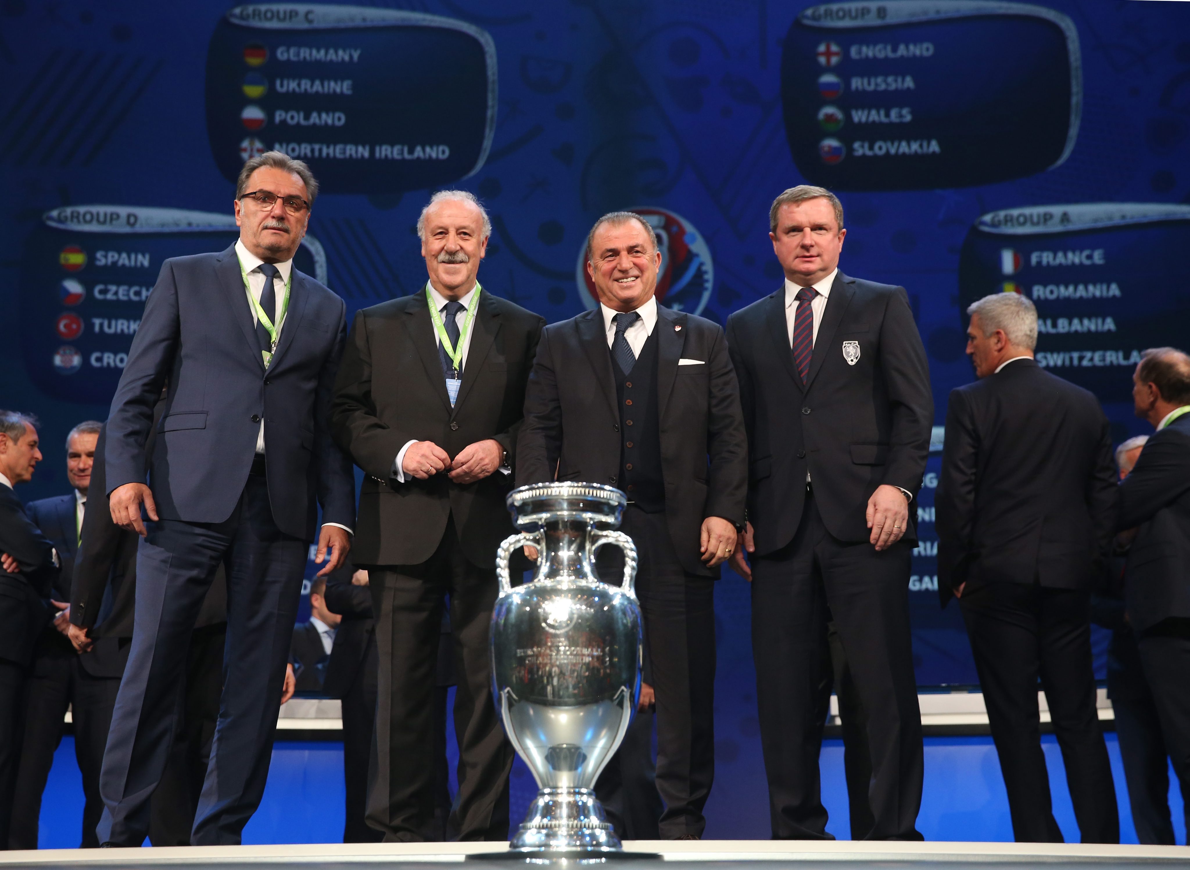 epa05066773 Croatia national soccer team coach Ante Cacic (L-R), Spain national soccer team coach Vicente del Bosque,  Turkey national soccer team coach Fatih Terim, Czech national soccer team coach Pavel Vrba react during the UEFA EURO 2016 final draw ceremony at the Palais des Congres in Paris, France, 12 December 2015. The UEFA EURO 2016 soccer championship will take place from 10 June to 10 July 2016 in France. The four teams will play in Group C.  EPA/CHRISTIAN CHARISIUS