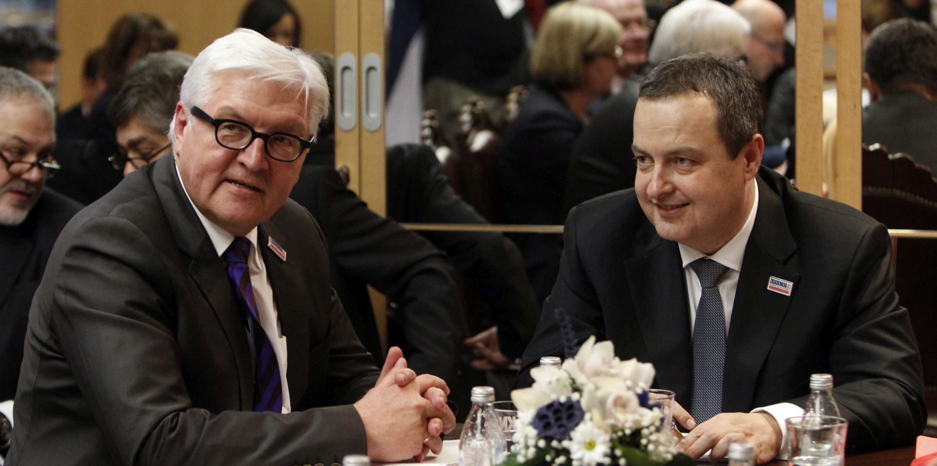 epa05053218 Serbian Foreign Minister Ivica Dacic (R), current Chairman of the Organization for Security and Co-operation in Europe (OSCE), talks with German Foreign Minister Frank-Walter Steinmeier (L), on the sidelines of the 22nd Organization for Security and Co-operation in Europe (OSCE) Ministerial Council in Belgrade, Serbia, 03 December 2015. The Ministerial Council meets once a year towards the end of every term of chairmanship to consider issues on the OSCE agenda and adopt relevant documents, the organization said on its website.  EPA/KOCA SULEJMANOVIC