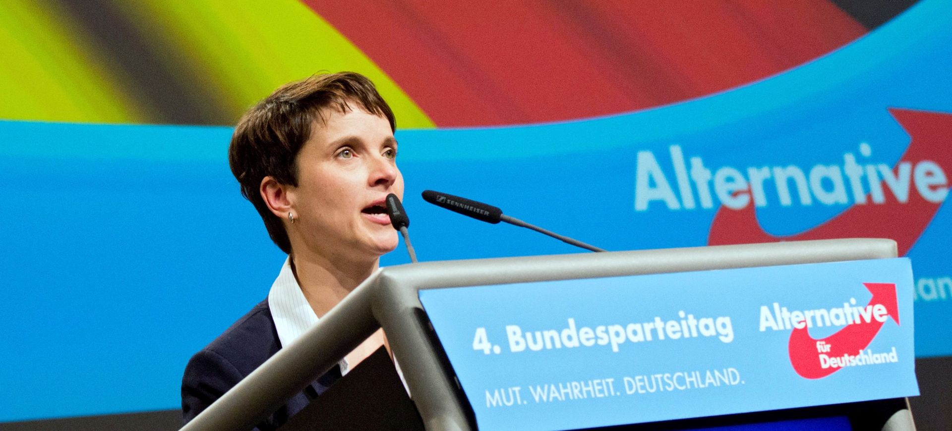 epa05135907 (FILE) A file picture dated 29 november 2015 shows Frauke Petry, Speaker of the right-wing populist political party Alternative for Germany (AfD, Alternative fuer Deutschland), delivering a speech at the AfD federal convention in Hanover, Germany. The head of the anti-migrant AfD party, Frauke Petry, told local media on 30 January 2016, that border security officials should use their guns to fire at migrants who try to enter the country illegally. 'We need comprehensive controls so that there are no longer so many unregistered migrants entering via Austria,' Petry told the newspaper Mannheimer Morgen. Police officers must prevent illegal immigration, 'making use of their guns as a last resort. Just as the law says.' Petry's comments have attracted criticism from the center-left and pro-migrant parties. Nonetheless, her party's increasingly radical stance on the migrant crisis has proven popular among many voters dismayed by Germany's chaotic handling of the huge influx in arrivals, which saw 1.1 million asylum seekers enter Germany last year.  EPA/JULIAN STRATENSCHULTE