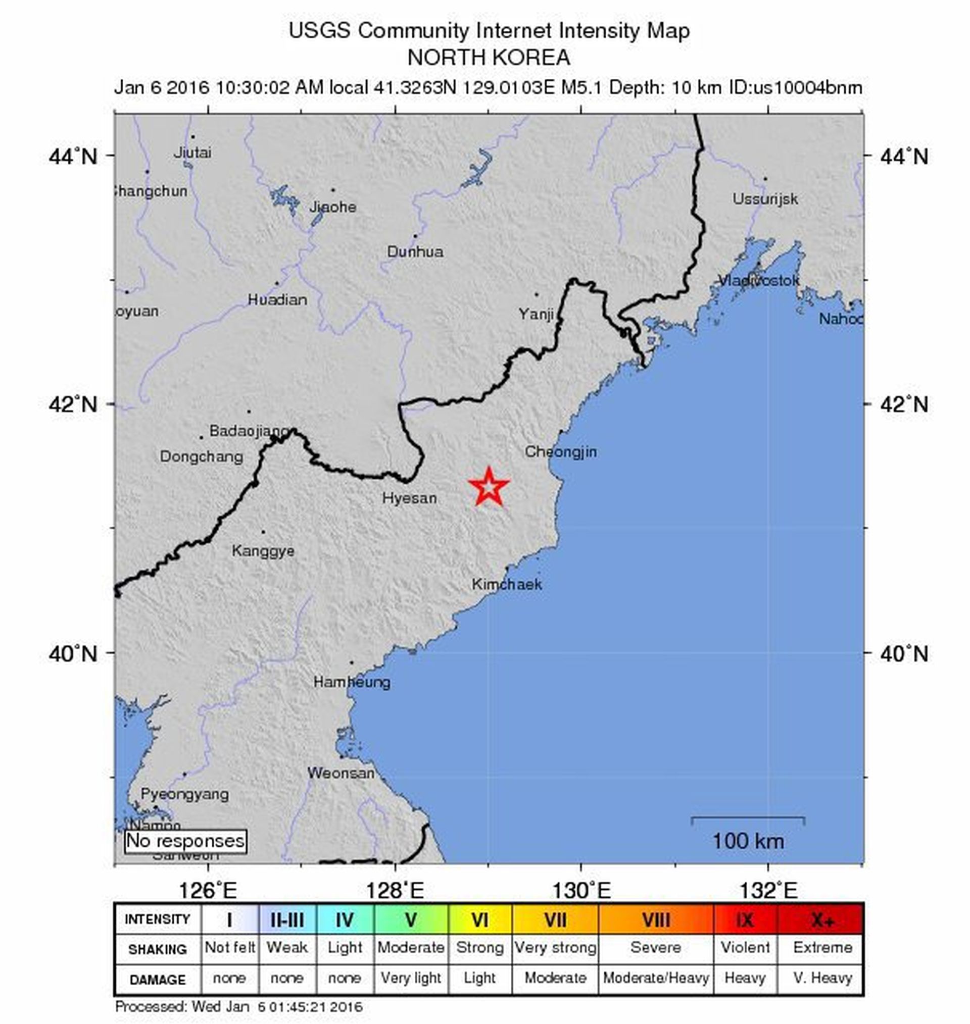 epa05089225 An intensity shake map released by the US Geological Survey (USGS) on 05 January 2016 shows the location where a preliminary 5.1 magnitude earthquake struck 19km ENE of Sungjibaegam, North Korea, 06 January 2016 (local time). The earthquake occured close to the location of a previous nuclear test by North Korea.  EPA/USGS / HANDOUT  HANDOUT EDITORIAL USE ONLY