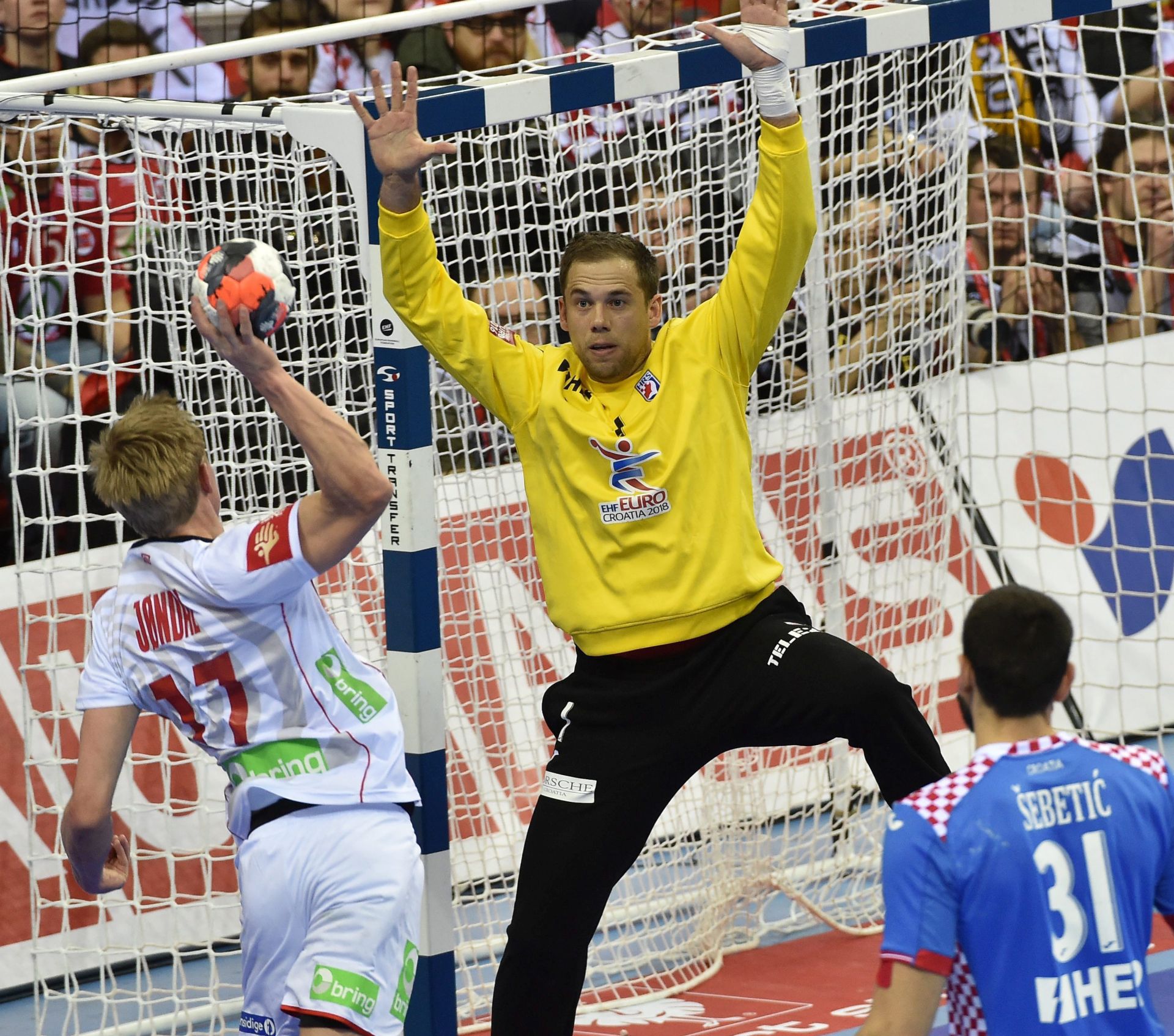 epa05137206 Magnus Jondal (L) of Norway in action against goalkeeper Ivan Stevanovic (C) of Croatia during the 2016 European Men's Handball Championship third place game between Norway and Croatia at the Tauron Arena in Krakow, Poland, 31 January 2016.  EPA/JACEK BEDNARCZYK POLAND OUT