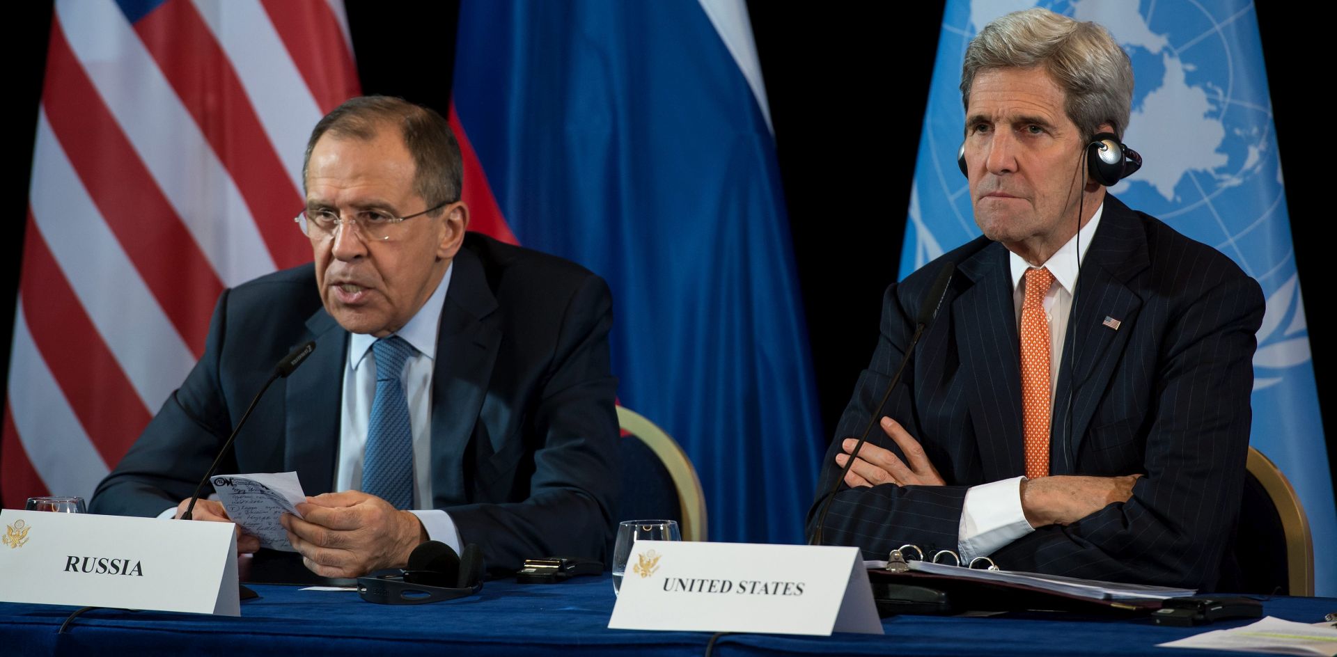 epa05155551  US Secretary of State John Kerry (R) and Russian Foreign Minister Sergei Lavrov (L) hold a press conference after the International Syria Support Group (ISSG) meeting in Munich, Germany, 11 February 2016.
Kerry, Russian Foreign Minister Sergei Lavrov and UN envoy Staffan de Mistura had held nearly six hours of negotiations with European and Middle Eastern foreign ministers before announcing an agreement of a nationwide 'cessation of hostilities' in Syria, hours before the Munich Security Conference. The agreement will not apply to the Islamic State militant group, US Secretary of State John Kerry said.  EPA/SVEN HOPPE
