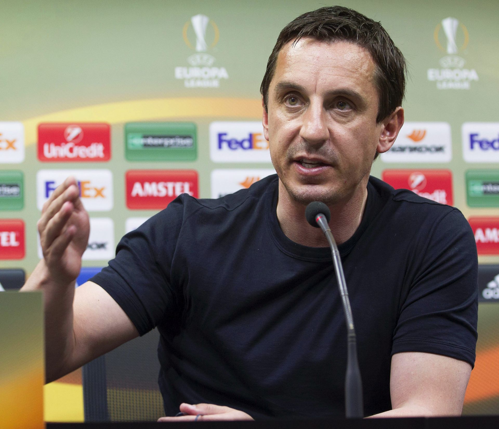 epa05214344 Valencia's English head coach Gary Neville speaks during a press conference in Valencia, eastern Spain, 16 March 2016. Valencia CF will face Athletic Bilbao in the UEFA Europa League round of 16, second leg soccer match on 17 March 2016.  EPA/MIGUEL ANGEL POLO