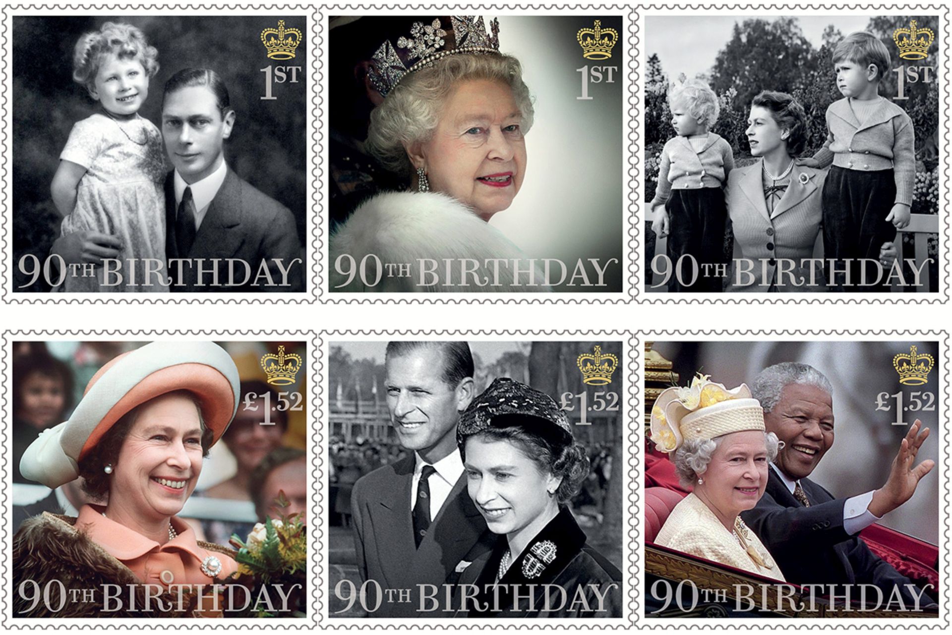 epa05268075 An undated photograph made available by the British Royal Mail, on 20 April 2016 showing six stamps issued by the Royal Mail to mark the 90th birthday of Britain's Queen Elizabeth II. The stamp set set includes images of Queen Elizabeth II: with her father; attending the State Opening of Parliament in 2012; with Princess Anne and Prince Charles in 1952; visiting New Zealand in 1977; with The Duke of Edinburgh in 1957; and with Nelson Mandela in 1996. he Queen celebrates her 90th birthday on 21 April 2016. She will open a Post Office and band stand in Windsor on 20 April 2016.  EPA/RANALD MACKECHNIE / ROYAL MAIL / HANDOUT UK AND IRELAND OUT HANDOUT EDITORIAL USE ONLY/NO SALES