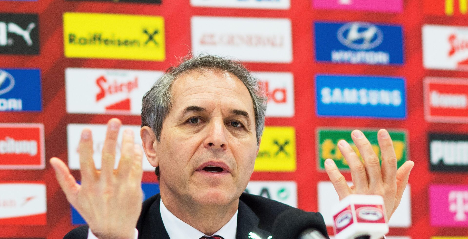 epa05301002 Austrian national soccer team's Swiss head coach Marcel Koller gestures during a press conference in Vienna, Austria, 12 May 2016. Koller announced the Austrian squad for the UEFA EURO 2016 soccer championship in France.  EPA/CHRISTIAN BRUNA