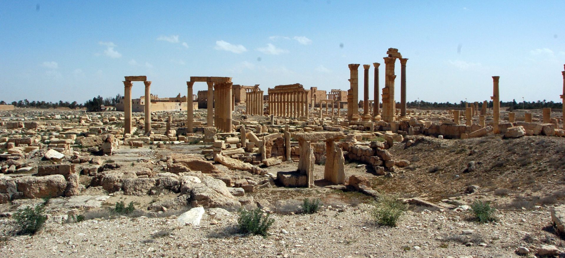 epa05232944 The archeological site at the ancient city of Palmyra, which the Syrian troops had recaptured from Islamic State militants, in central Syria, 27 March 2016. The General Command of the Syrian Army and Armed Forces confirmed in a statement on that they Palmyra city and the mountains and hills overlooking around it are back under their control. Palmyra, which is located in Homs province, was captured by the Islamic State jihadist group on 20 May 2015 and was partly destroyed.  EPA/STR