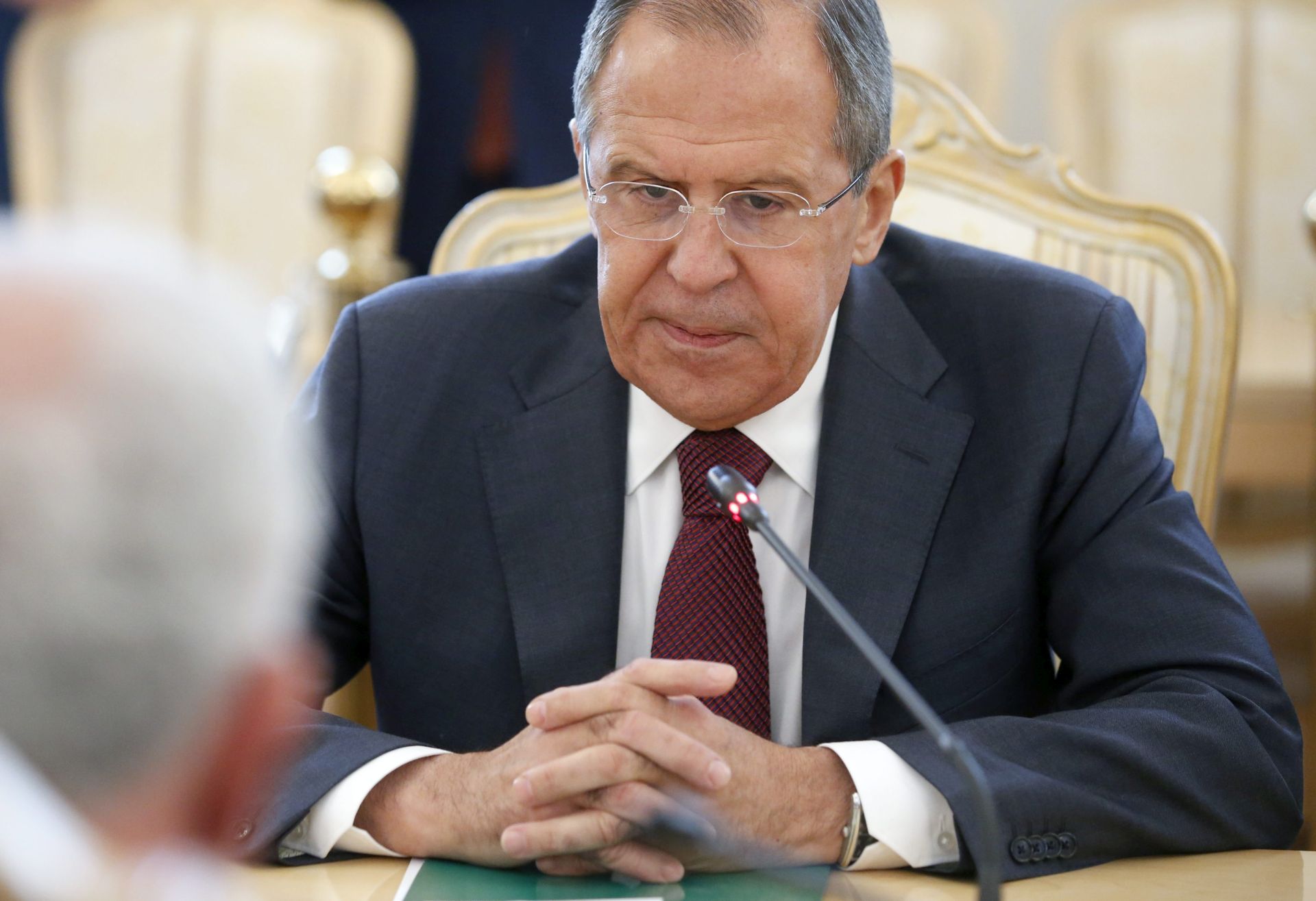 epa05351475 Russian Foreign Minister Sergei Lavrov (R) talks to and his Palestinian counterpart Riyad Al-Maliki (L) during their negotiations in Moscow, Russia, 08 June 2016. Al-Maliki  is on an offical visit to Russia.  EPA/SERGEI CHIRIKOV