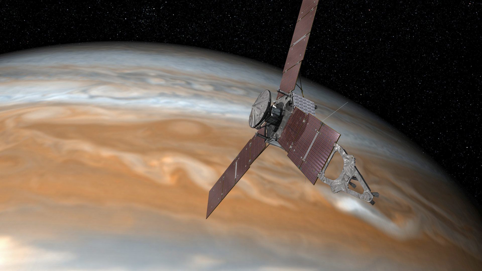 epa05370574 An undated handout image made available by NASA on 16 June 2016 shows an artist's rendering of NASA's Juno spacecraft making one of its close passes over Jupiter. According to NASA, ON 04 July 2016 NASA will fly a solar-powered spacecraft the size of a basketball court within 2,900 miles (4,667 kilometers) of the cloud tops of our solar system’s largest planet.  EPA/NASA / HANDOUT  HANDOUT EDITORIAL USE ONLY