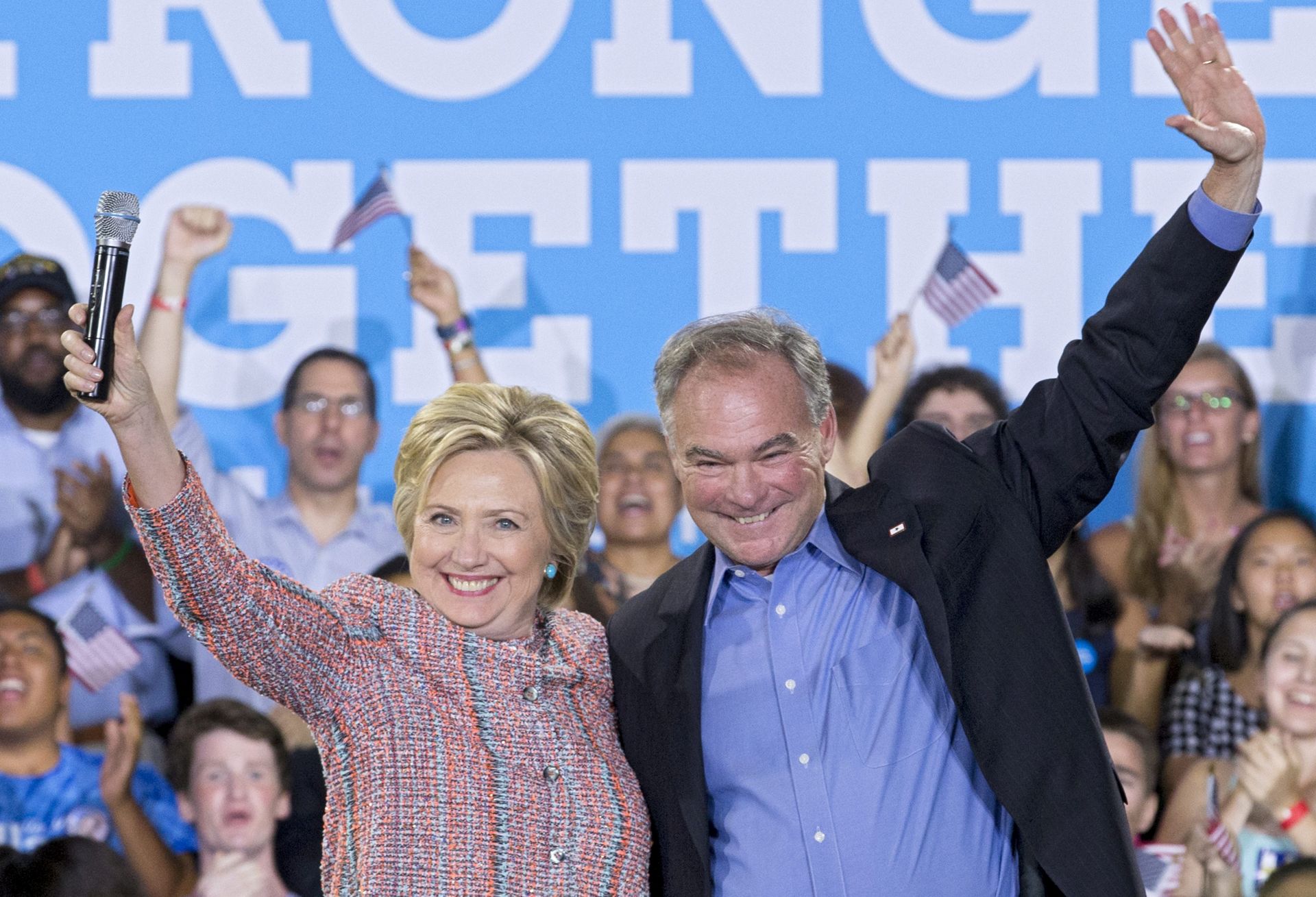 epa05437345 (FILE) A file picture dated 14 July 2016 shows US Democratic presidential candidate Hillary Clinton (L) campaigning with Democratic Senator from Virginia Tim Kaine (R), at Ernst Community Cultural Center at the Northern Virginia Community College's Annandale campus, in Annandale, Virginia, USA. US Democratic presidential candidate Hillary Clinton selected on 22 July 2016, Democratic Senator from Virginia Tim Kaine to be her pick as running mate for the presidential elections. According to media reports, Clinton is planning to make a formal announcement on 23 July 2016.  EPA/MICHAEL REYNOLDS