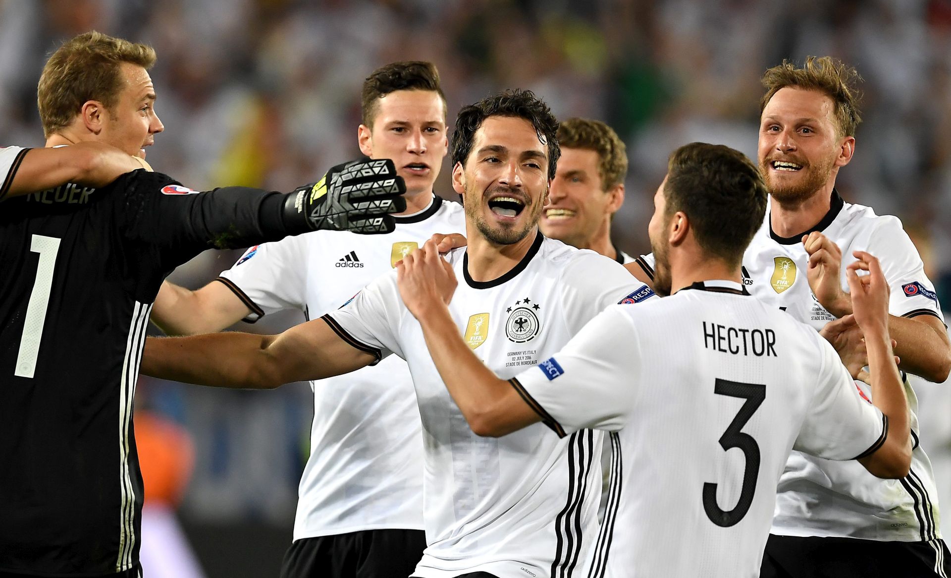 epa05404618 Germany players react after winning the penalty shoot-out during the UEFA EURO 2016 quarter final match between Germany and Italy at Stade de Bordeaux in Bordeaux, France, 02 July 2016.

(RESTRICTIONS APPLY: For editorial news reporting purposes only. Not used for commercial or marketing purposes without prior written approval of UEFA. Images must appear as still images and must not emulate match action video footage. Photographs published in online publications (whether via the Internet or otherwise) shall have an interval of at least 20 seconds between the posting.)  EPA/VASSIL DONEV   EDITORIAL USE ONLY