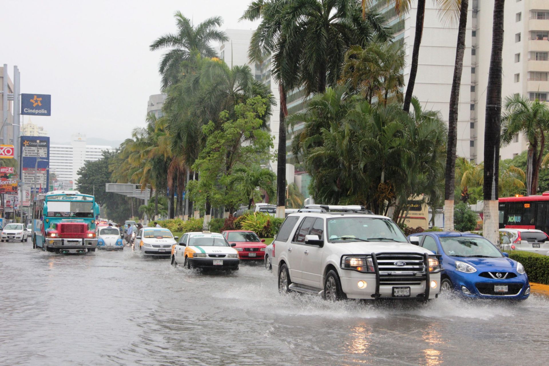epa05460678 A general view shows vehicles transiting at a flooded street due to heavy rains left by Tropical Storm Earl's passage in Acapulco, Mexico, 06 August. Heavy rains spawned by Tropical Storm Earl have left six people dead in the Mexican Gulf coast state of Veracruz, authorities there said on 06 August 2016.  EPA/MARIA MEZA