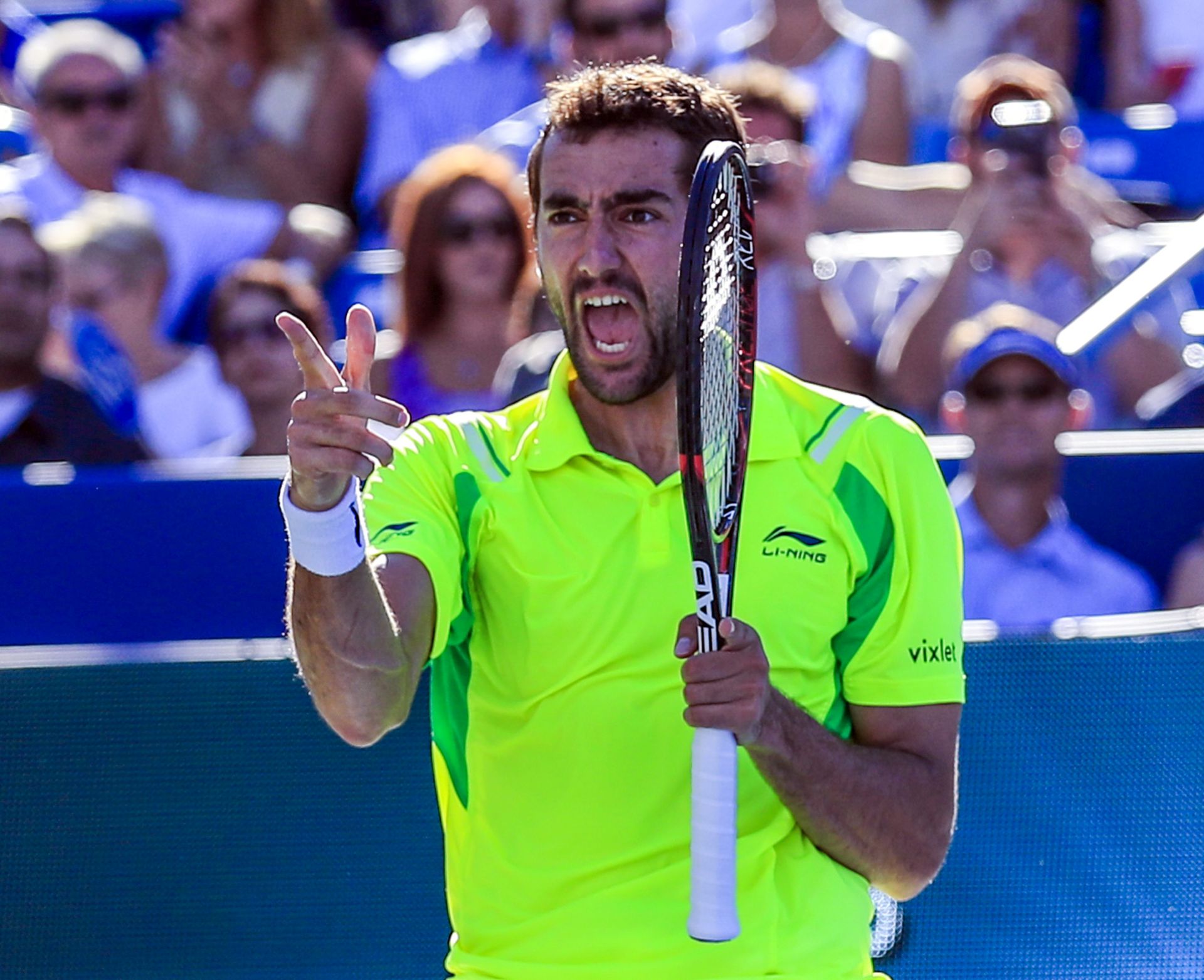 epa05505994 Marin Cilic of Croatia reacts as he defeats Andy Murray of Great Britain in the final of the Western & Southern Open tennis championships at the Linder Family Tennis Center in Mason, near Cincinnati, Ohio, USA, 21 August 2016.  EPA/TANNEN MAURY