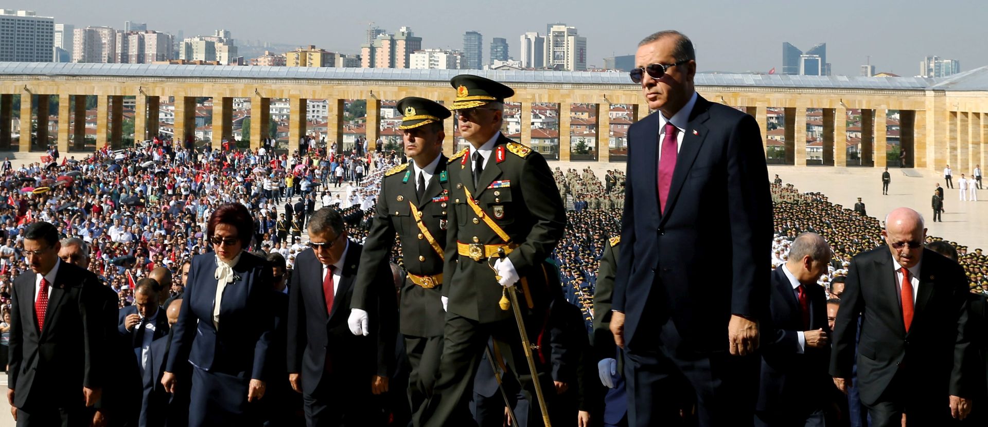 epa05515045 A handout picture provided by Turkish President Press office shows, Turkish President Recep Tayyip Erdogan (2-R), visits the Mustafa Kemal Ataturk Mausoleum, founder of modern Turkey, before Turkish Victory Day ceremony in Ankara, Turkey, 30 August 2016. Turkey celebrates its Victory Day in commemoration of the Battle of Dumlupinar, a key victory over Greece on 30 August 1922 in Turkey's War of Independence.  EPA/TURKISH PRESIDENT PRESS OFFICE / HANDOUT  HANDOUT EDITORIAL USE ONLY/NO SALES