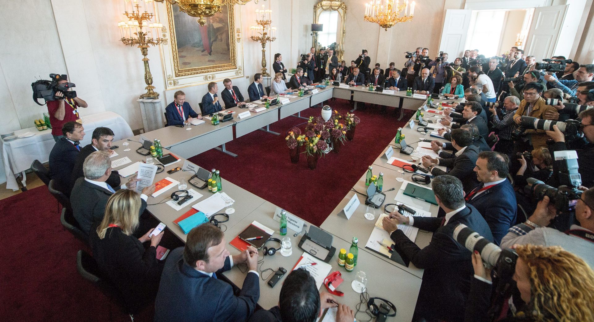 epa05554100 Participants attend the Summit 'Migration along the Balkan route' in Vienna, Austria, 24 September 2016. Austrian Chancellor Christian Kern invited Heads of Government of Albania, Bulgaria, Germany, Greece, Croatia, FYROM (Former Yugoslav Republic of Macedonia), Serbia, Slovenia, Hungary, the President of the European Council, the European Commissioner for Migration and Interior Minister of Romania to discus a common strategy for the migrants situation along the Balkan route.  EPA/CHRISTIAN BRUNA