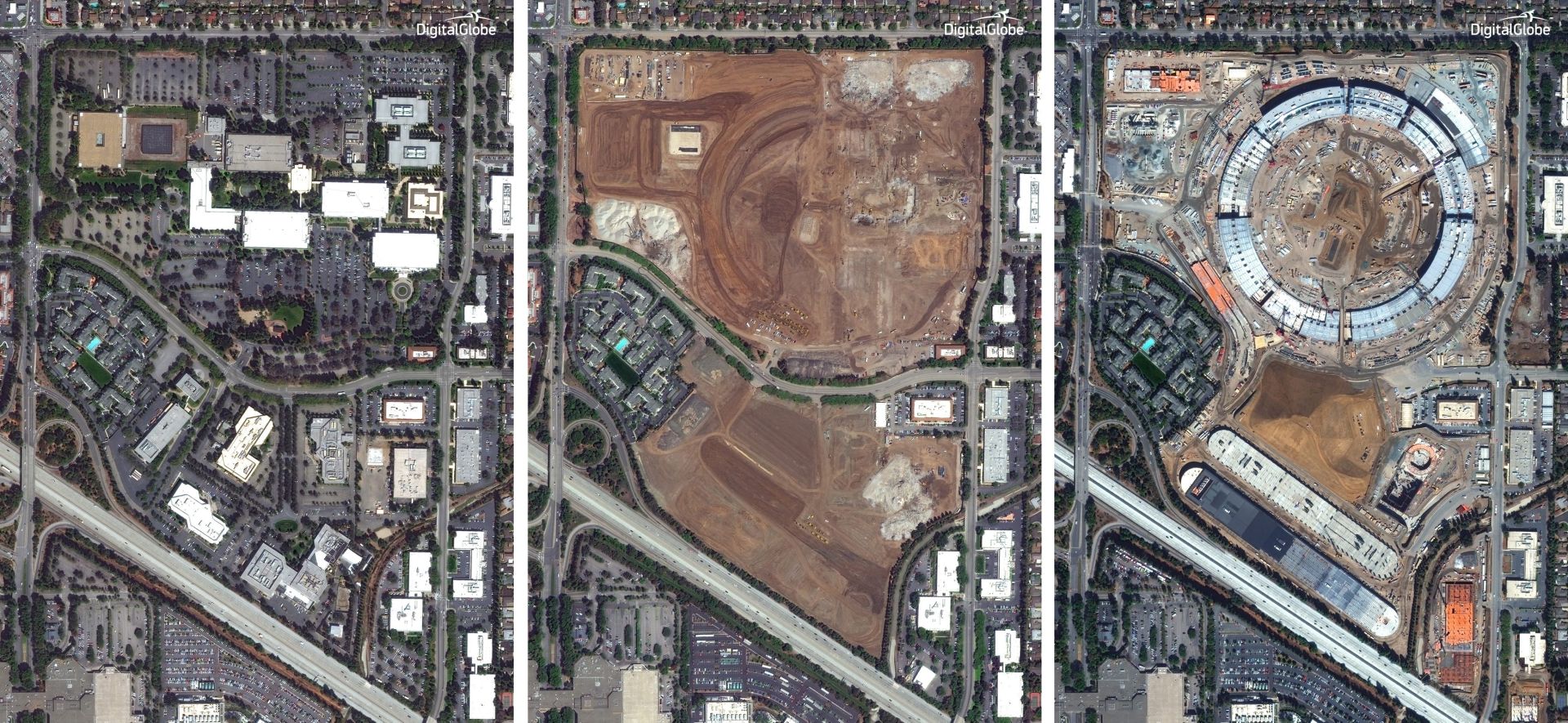 epa05224405 A composite handout satellite image by DigitalGlobe showing a view of the construction site of Apple Campus 2 building at the in Cupertino, California, USA as it develops during the time. Images from L-R are dated 30 August 2012, 14 April 2014 and 25 September 2015 (issued 21 March 2016). The new Apple Campus, designed by star architect office Norman Foster and Partners in the form of a giant circle, has a dimension of 1.6 kilometers circumference and a diameter of almost half a kilometer. The building encompasses roughly 260,000 square meters, will be powered by 100 percent renewable energy and is to house up to 13,000 employees.  EPA/DIGITALGLOBE / HANDOUT Image courtesy DigitalGlobe © 2016. HANDOUT EDITORIAL USE ONLY/NO SALES