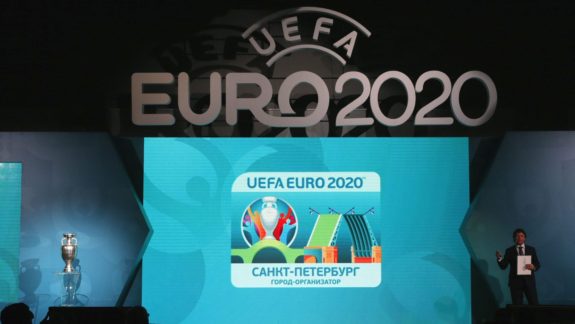 epa05730407 General view of the stage during the presentation of the UEFA EURO 2020 logo in St. Petersburg, Russia, 19 January 2017. Thirteen countries are due to host games of the UEFA EURO 2020. Three group matches and a quarter final match of the tournament will be held in St. Petersburg.  EPA/ANATOLY MALTSEV