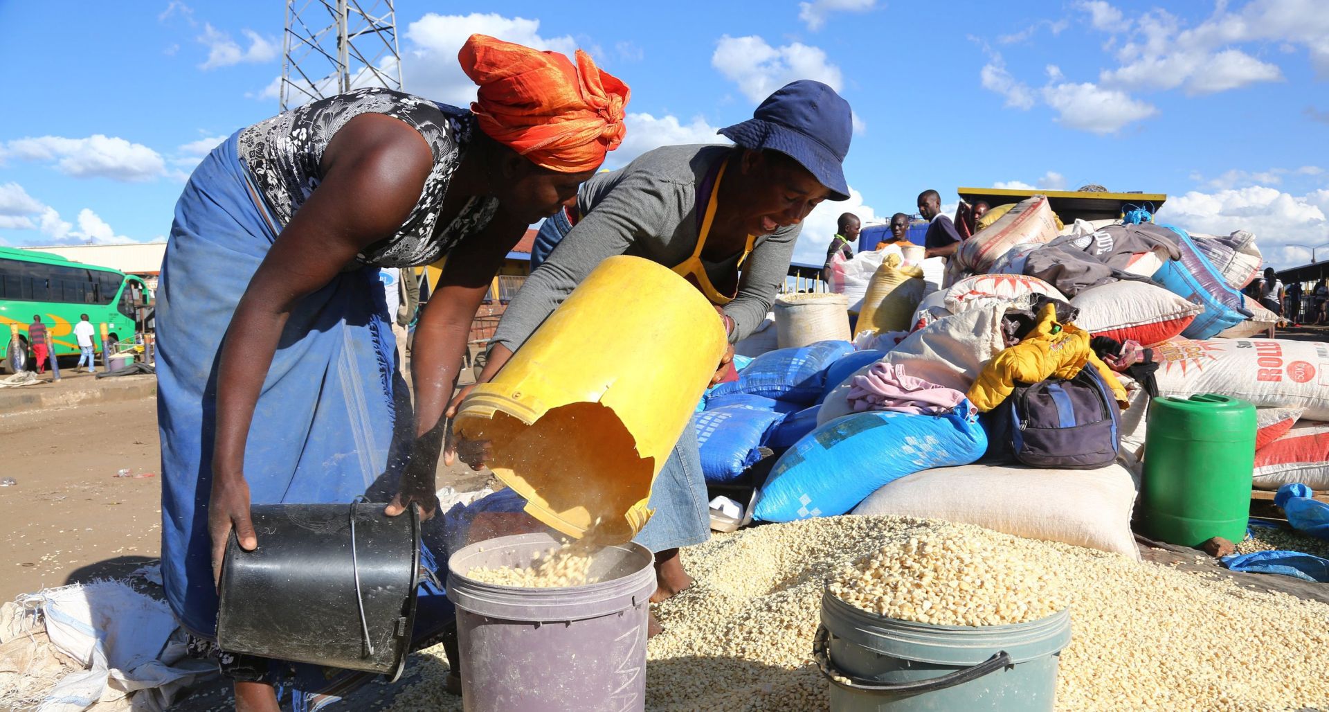 epa05192810 Merchants sell maize which is a commodity imported from Zambia, at the Mbare Musika Bus Terminal, in Harare, Zimbabwe, 03 March 2016. The government has directed the Grain Marketing Board to slash the price of maize from 23 US dollars per 50 kg bag to 15 US dollars to enable the majority of people affected by the El Nino -induced drought, to buy the staple. President Robert Mugabe in February declared a state of disaster as the country faces famine. Zimbabwe requires about 2 million tonnes of maize for livestock and human consuption annually, while the country only harvested about 700,000 tonnes last season. The number of people needing food aid has risen from 1.5 million to 3 million.  EPA/AARON UFUMELI