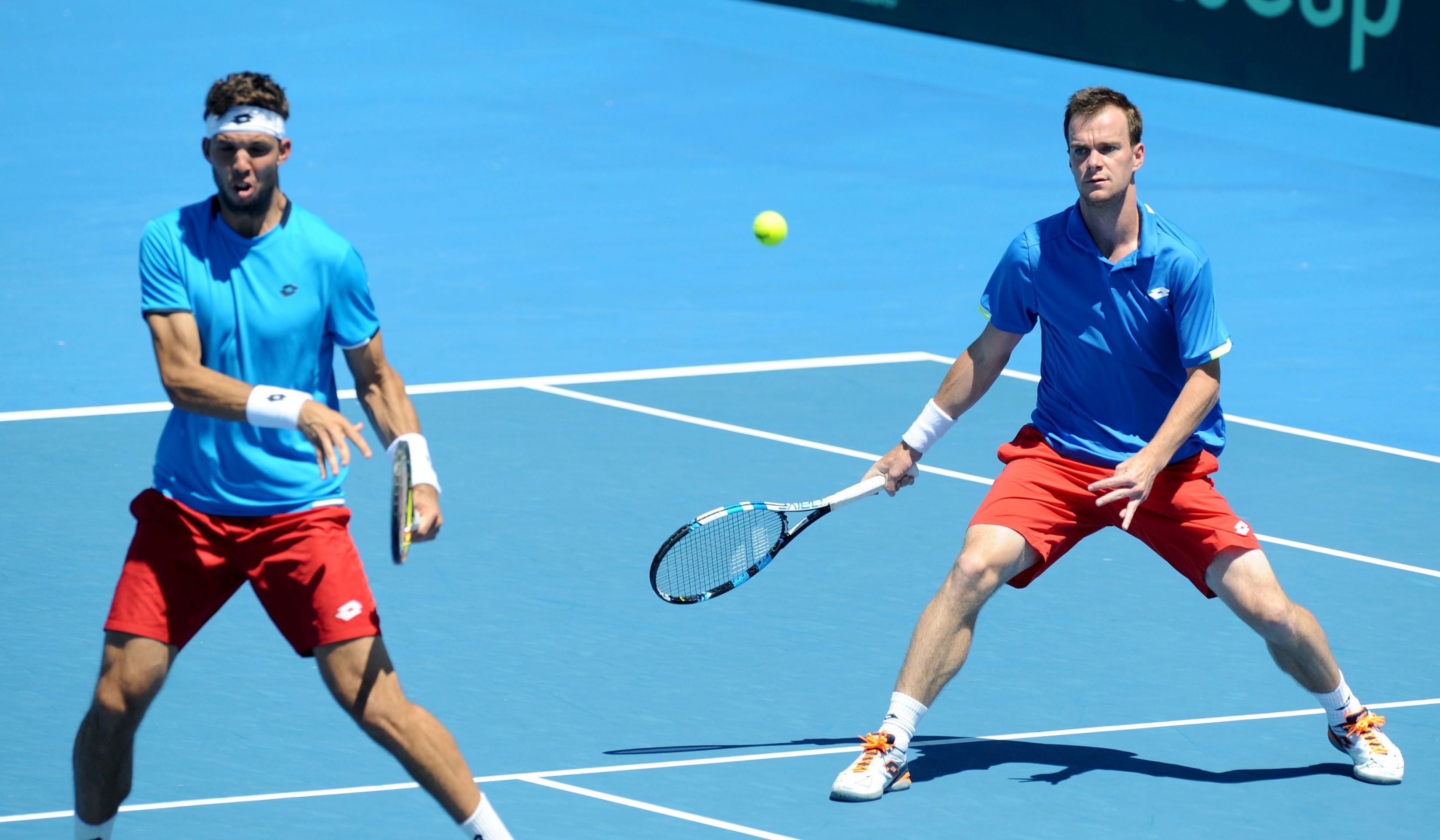 epa05769912 Jiri Vesely (L) and Jan Satral (R) of the Czech Republic in action against Sam Groth and John Peers of Australia during the Australia vs the Czech Republic Davis Cup first round match at Kooyong in Melbourne, Australia, 04 February 2017.  EPA/JOE CASTRO  AUSTRALIA AND NEW ZEALAND OUT
