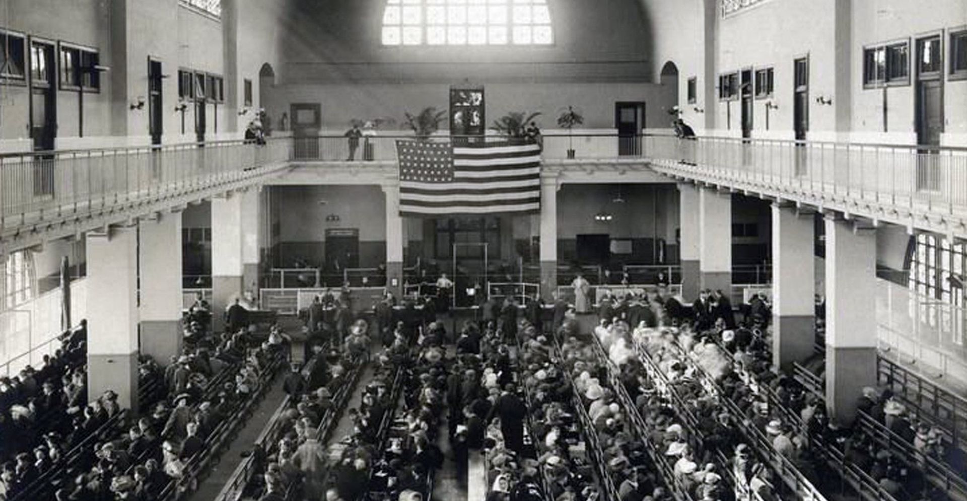 epa05780264 An undated handout photo made available by the US National Parks Service (NPS) showing the Registry Room on Ellis Island, in Upper New York Bay, New York, USA, as immigrants await the legal inspection trying to make it into America. Reports state on 09 February 2017 that the 9th Circuit Court of Appeals, in San Francisco, California, is considering arguments over lifting a temporary halt to President Donald Trump's controversial travel ban, from seven predominantly Muslim countries, where a decision will be reached this week.  EPA/NPS HANDOUT MANDATRY CREDIT: NPS HANDOUT EDITORIAL USE ONLY/NO SALES