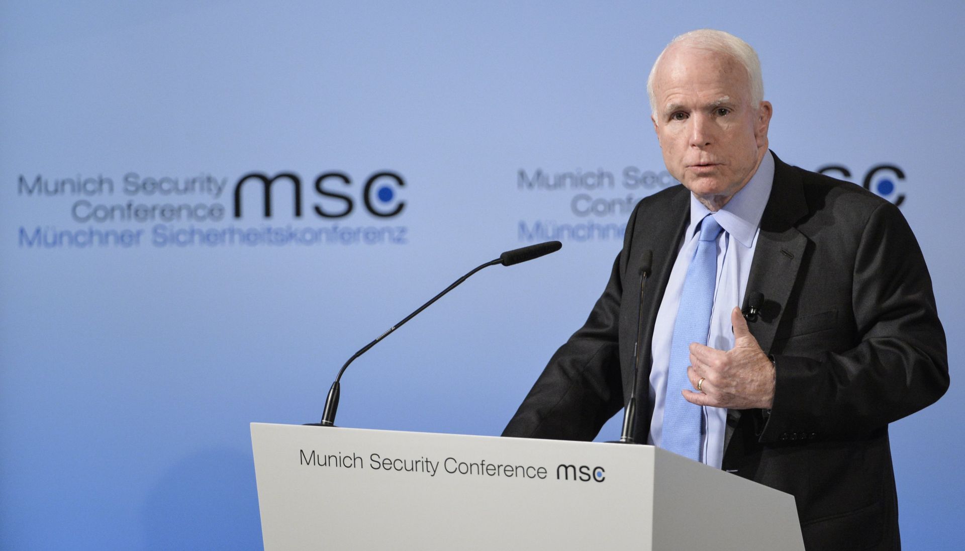 epa05800261 US Senator John McCain speaks during the 53rd Munich Security Conference (MSC) in Munich, Germany, 17 February 2017. In their annual meeting, politicians and various experts and guests from around the world discuss issues surrounding global security from February 17 to 19.  EPA/PHILIPP GUELLAND