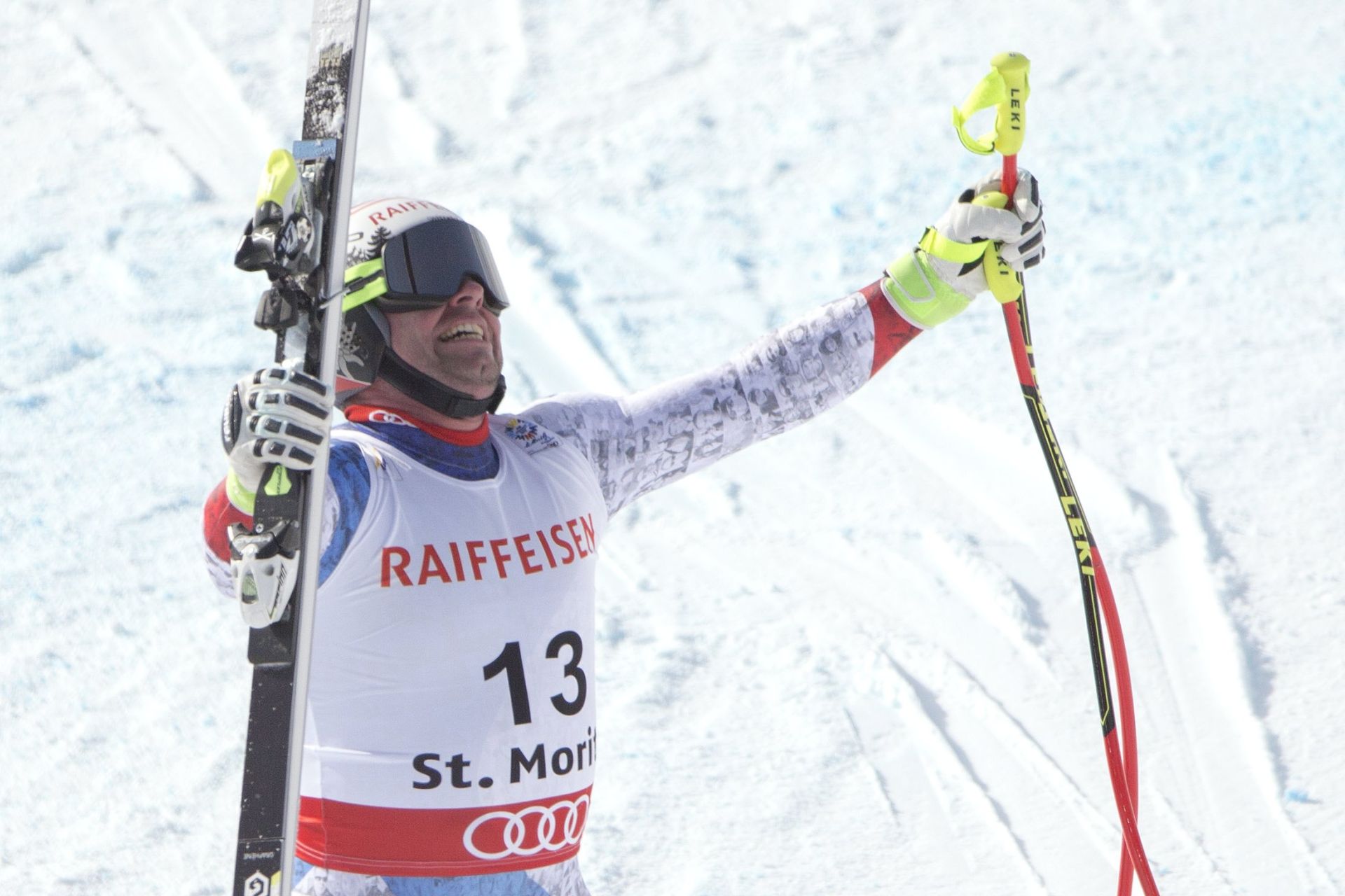 epa05787585 Beat Feuz of Switzerland reacts in the finish area during the Men's Downhill race at the 2017 FIS Alpine Skiing World Championships in St. Moritz, Switzerland, 12 February 2017.  EPA/ALEXANDRA WEY
