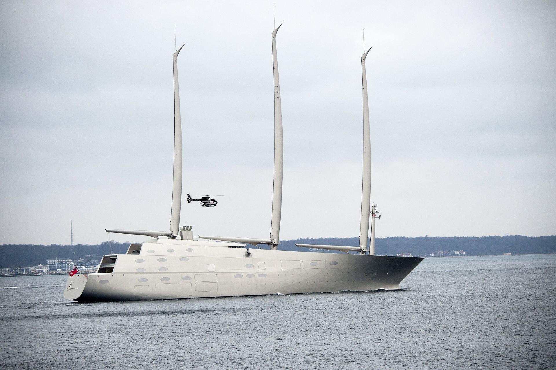 epa05804178 (FILE) - A file picture dated 06 February 2017 shows sail-assisted motor yacht 'Sailing Yacht A' passing Elsinore, North Sealand, Denmark. According to reports from 19 February 2017, the world's largest sailing ship 'Sailing Yacht A', owned by Russian tycoon Andrej Igorevitj Melnitjenko, is under ship arrest in Gibraltar over a 15 million euro claim by the German shipyard which built the yacht.  EPA/KELD NAVNTOFT DENMARK OUT