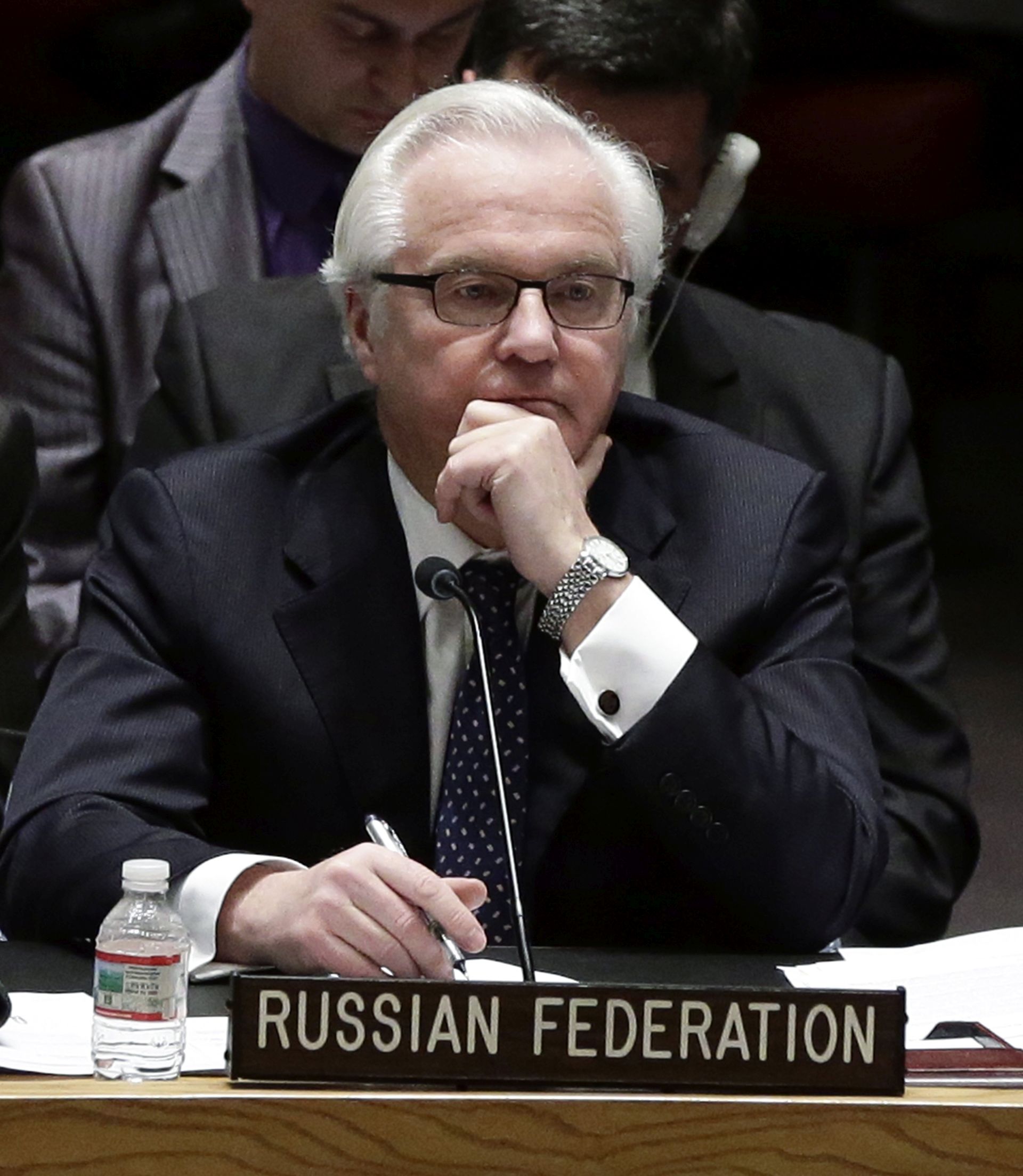 epa05805698 (FILE) - A file picture dated 13 April 2014 shows Russian Ambassador to the United Nations (UN) Vitaly Churkin during a UN Security Council meeting on the situation in the Ukraine, at the UN headquarters in New York City, New York, USA. Vitaly Churkin died at the age of 64 in New York, USA, according to a statement released by the Russian Foreign Ministry on 20 February 2017. Churkin 64, died a day before his 65th birthday.  EPA/JASON SZENES