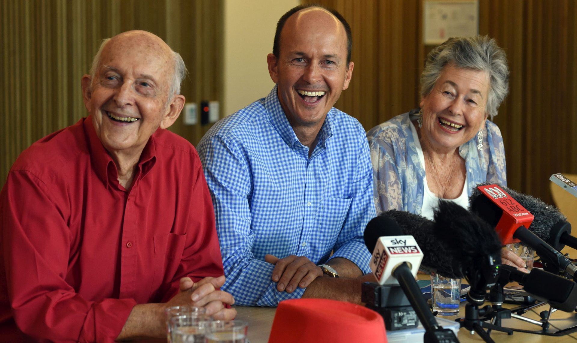 epa04600395 The family of Australian journalist Peter Greste (L-R) father Juris, brother Andrew and mother Lois, smile during a press conference in Brisbane, Australia, 02 February 2015. Al Jazeera journalist Peter Greste was released from a Cairo jail on 01 February 2015, and deported after 400 days in jail on charges of faked reporting and collaborating with the banned Muslim Brotherhood. The veteran television reporter was driven to Cairo Airport in the afternoon and put on a flight for Cyprus. In Australia, government officials confirmed he was on his way home and welcomed his unconditional release from what it said was detention for political reasons.  EPA/DAN PELED AUSTRALIA AND NEW ZEALAND OUT