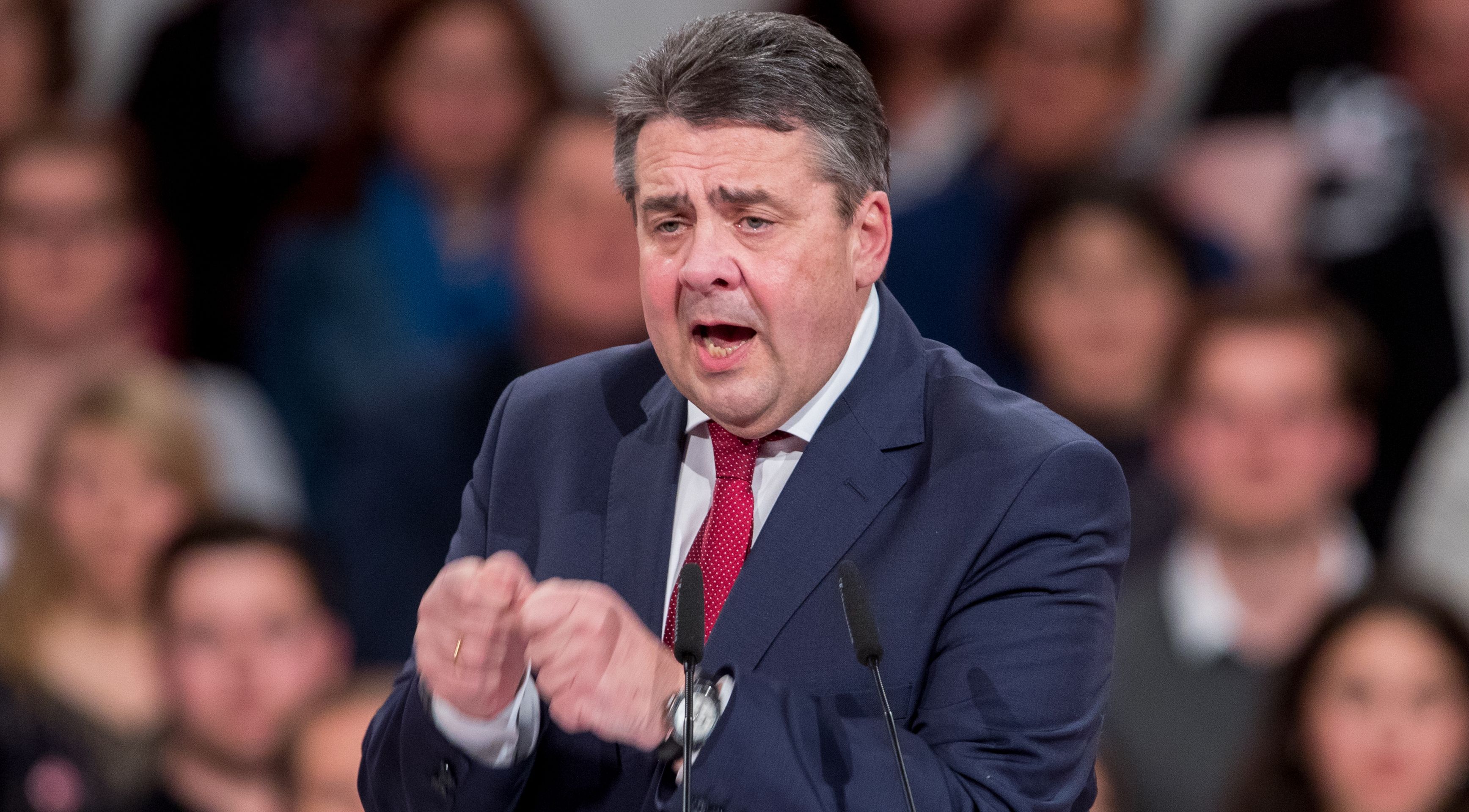 Sigmar Gabriel, outgoing chairman of the SPD speaks at the special Federal Party Conference in Berlin, Germany, 19 March 2017. This sunday will see the SPD vote for Martin Schulz as their new leader. Photo: Michael Kappeler/dpa