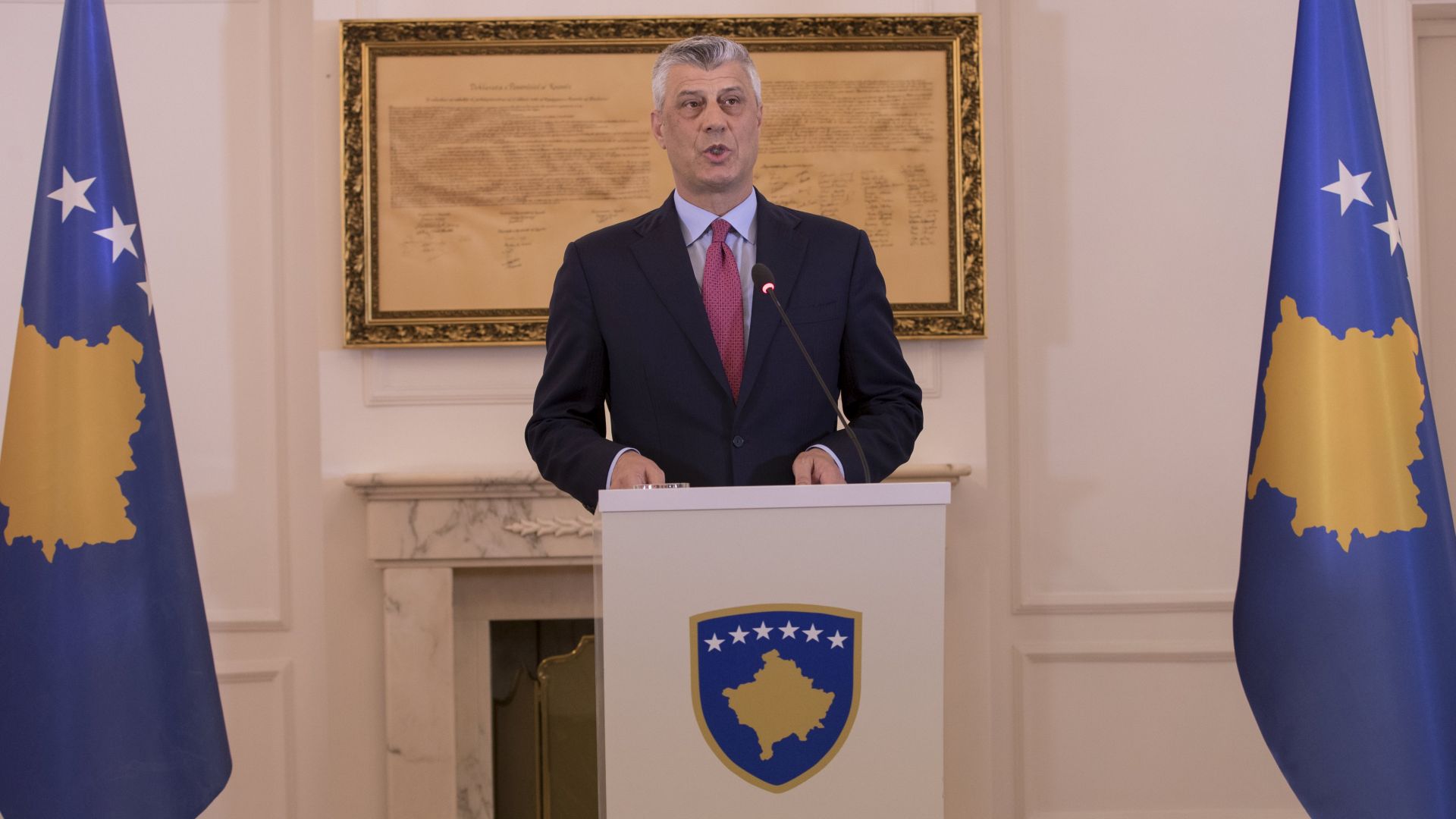 epa05837114 President of the Republic of Kosovo Hashim Thaci during a press conference at his cabinet in Pristina, Kosovo 08 March 2017. Hashim Thaci backed up his decision he took on 07 March 2017 to submit to the Parliament the draft law on transforming the Kosovo Security Forces (KSF) into an Army. NATO Secretary General Jens Stoltenberg has released a statement saying that on 08 March 2017 he has spoken to Hashim Thaci to convey the serious concerns of NATO Allies about recent proposals by the Kosovo authorities to transform the Kosovo Security Force (KSF) into an armed force, without a constitutional change. However, should the mandate of the KSF now evolve in the way proposed, NATO will have to review its level of commitment, particularly in terms of capacity-building he said in the statement.  EPA/VALDRIN XHEMAJ