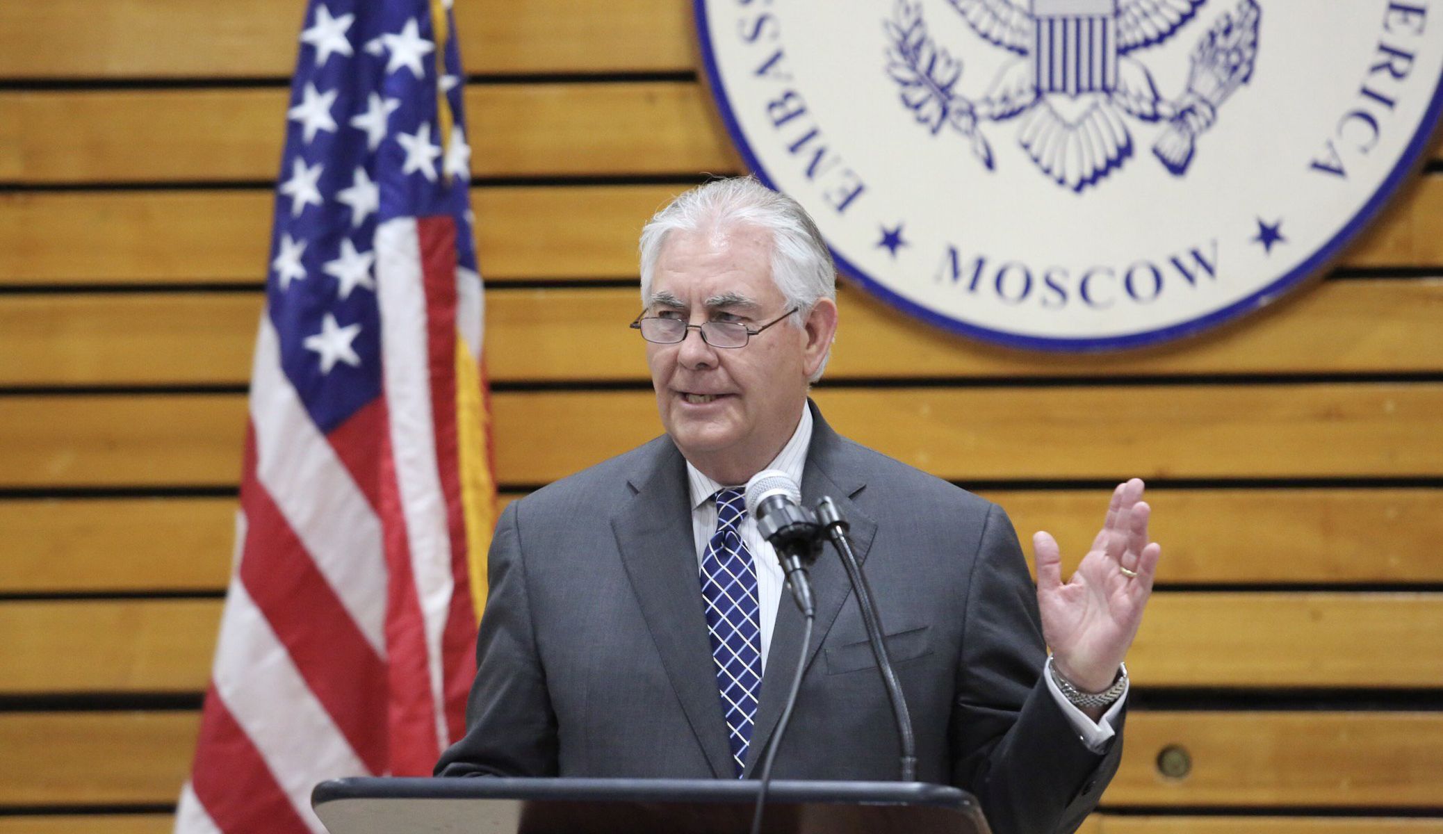 epa05903234 A handout photo made available by the US Department of State shows US Secretary of State Rex Tillerson addressing colleagues and their families at the US Embassy in Moscow, Russia, 11 April 2017. Others are not identified. Rex Tillerson, who attended a G7 Foreign Ministers meeting on Syria in Lucca, Italy, the previous days, arrived in the Russian capital for a two-days working visit during which he is exspected to meet his Russian counterpart and to hold talks on solving the situation in Syria.  EPA/US DEPARTMENT OF STATE HANDOUT  HANDOUT EDITORIAL USE ONLY