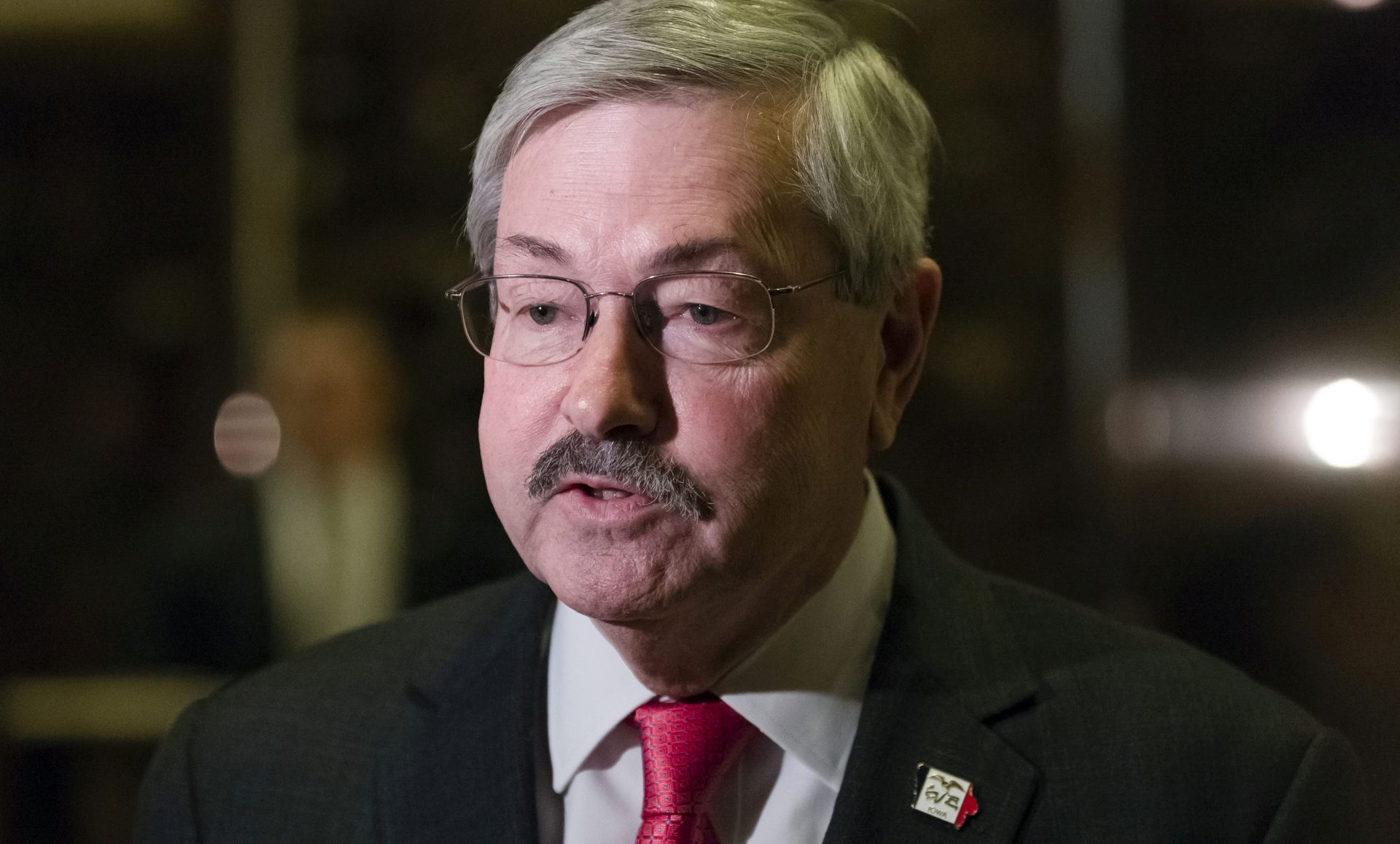 epa05664412 (FILE) A file photo dated 06 December 2016 shows Terry Branstad, Governor of the State of Iowa, speaking to media following his meeting with US President-elect Trump at Trump Tower in New York, New York, USA. According to reports on 07 December 2016, US President-elect Donald Trump has chosen Branstad to serve as US ambassador to China.  EPA/ALBIN LOHR-JONES / POOL