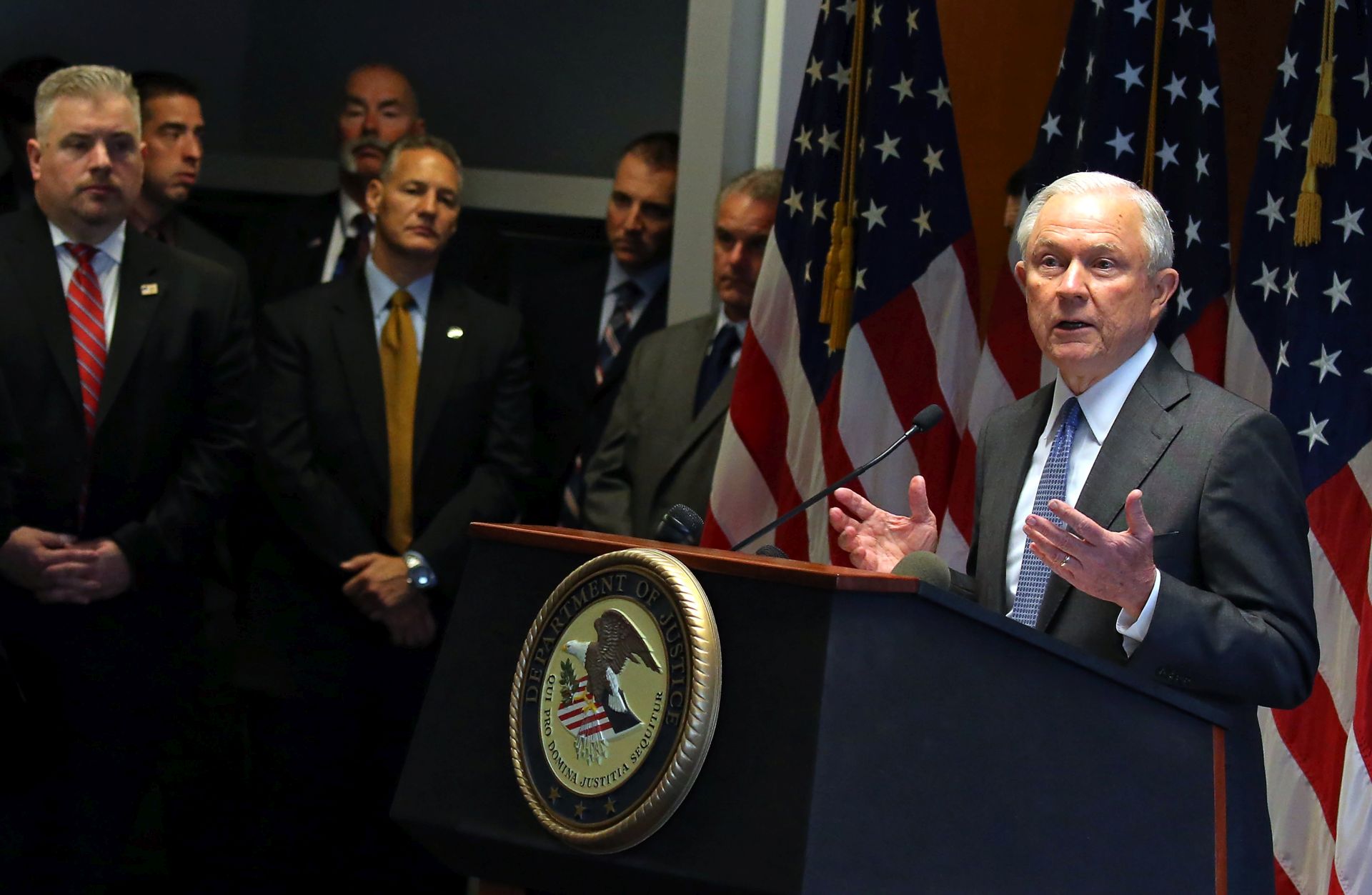 epa05933201 US Attorney General Jeff Sessions speaks at the federal courthouse in Central Islip, New York, USA, 28 April 2017. His speech was focused on gang violence and prosecution for illegal immigration by federal and local authorities.