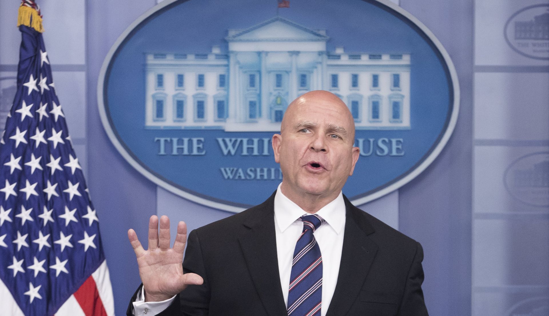 epa05968024 National Security Advisor H.R. McMaster responds to a question from the news media during a press conference in the Brady Press Briefing Room, at the White House in Washington, DC, USA, 16 May 2017.  EPA/MICHAEL REYNOLDS