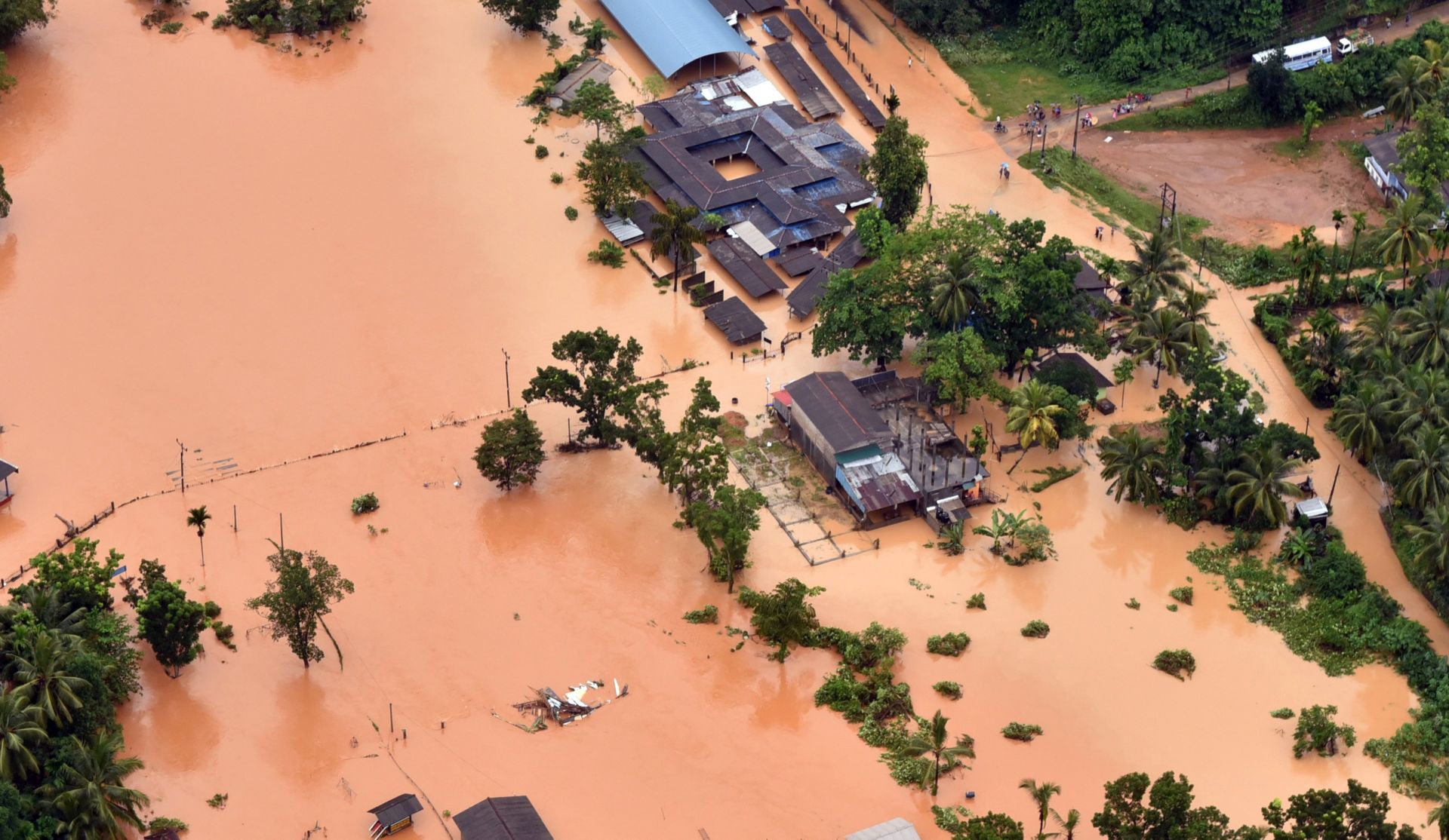 epa05991786 A handout photo made available by the Air Force Media division shows a flooded area at Kaluthara 80 kms from Colombo, Sri Lanka, 26 May 2017. Following a prolonged drought, Sri Lanka has been hit with the monsoon rains for the past few days causing heavy flooding and landslides in several parts of the island including its capital Colombo. The government's Disaster Management Centre confirmed, 26 May 2017, that 91 deaths have been reported while 110 are missing and 53,114 have been displaced.  EPA/SRI LANKA AIR FORCE / HANDOUT  HANDOUT EDITORIAL USE ONLY/NO SALES