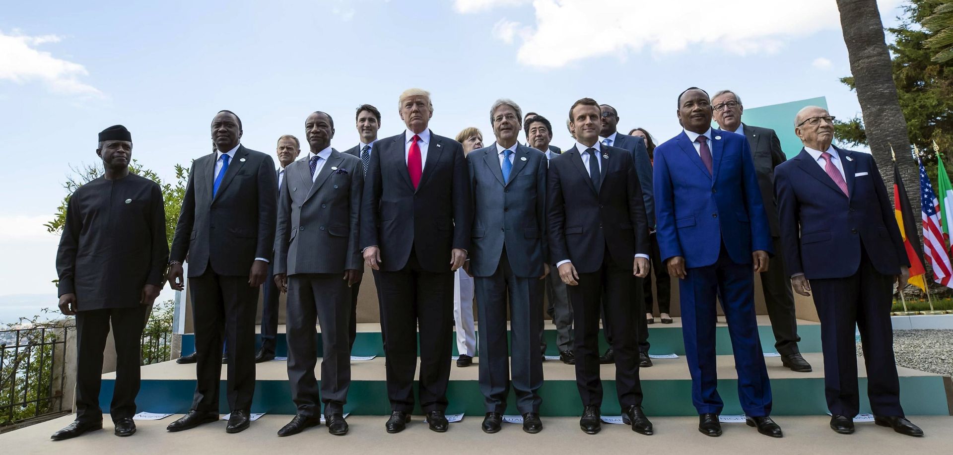 epa05992725 G7 and African leaders pose for a group photo in the Sicilian town of Taormina, Italy,  27 May 2017. The second day is scheduled to deal with Innovationand Development in Africa, Global Issues such as Human Mobility, Food Security and Gender Equality as well as the G7 Global Relations,  the Italian G7 Presidency said in a media release. Heads of States and of Governments of the G7, the group of most industrialized economies, plus the European Union, meet in Taormina, Italy, from 26 to 27 May 2017 for a summit titled 'Building the Foundations of Renewed Trust'.  EPA/ANGELO CARCONI