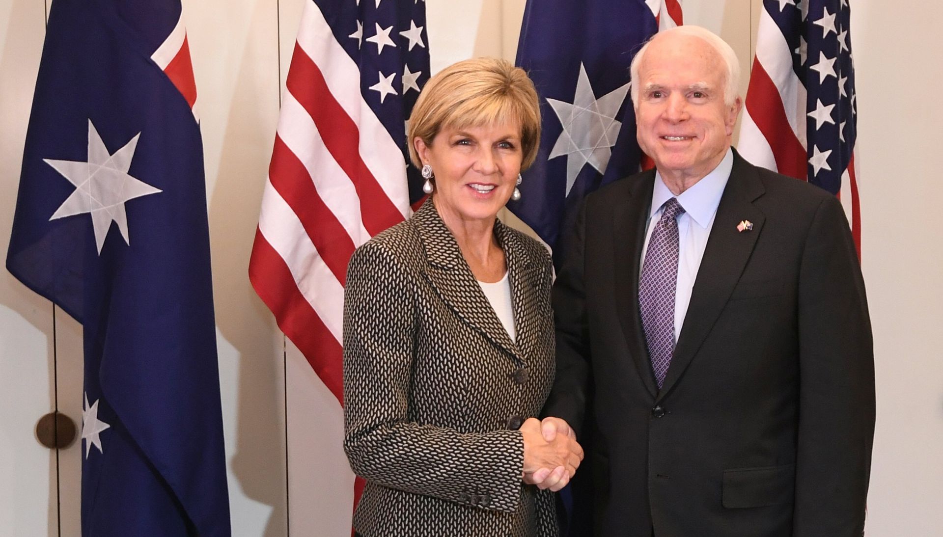 epa05996786 US Senator from Arizona John McCain (R) shakes hands with Australian Foreign Minister Julie Bishop ahead of a meeting at Parliament House in Canberra, Australian Capital Territory, Australia, 29 May 2017. McCain is visiting Australia for talks on security in the Asia-Pacific region, media reported.  EPA/LUKAS COCH  AUSTRALIA AND NEW ZEALAND OUT