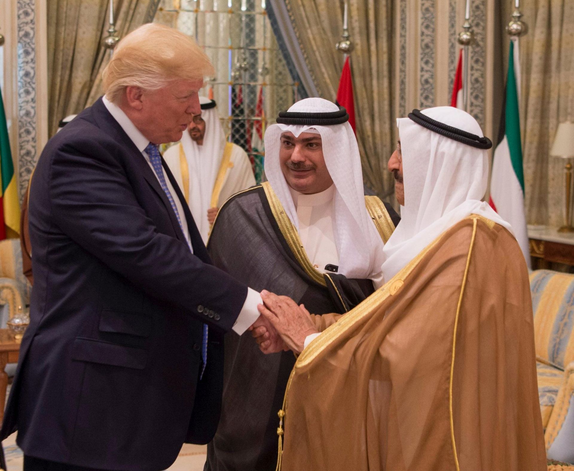 epa05979101 A handout photo made available by the Saudi Press Agency (SPA) shows Emir of Kuwait Sheikh Sabah al-Ahmad al-Sabah (R) shaking hands with US President Donald J. Trump during the opening session of the Gulf Cooperation Council summit (GCC), in Riyadh, Saudi Arabia, 21 May 2017. The GCC is attended by the leaders of Kuwait, Bahrain, Qatar, the Crown Prince of Abu Dhabi, deputy Prime Minister of Oman, and the US President.  EPA/SAUDI PRESS AGENCY HANDOUT  HANDOUT EDITORIAL USE ONLY/NO SALES