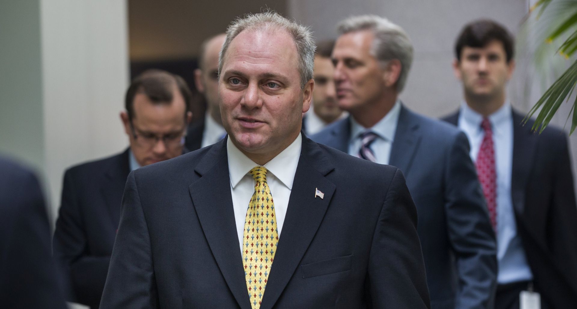 epa06029167 (FILE) - Republican House Whip from Louisiana Steve Scalise walks to a Republican conference to negotiate a border bill in the US Capitol in Washington, DC, USA, 01 August 2014.  (reissued 15 June 2017). US Republican House majority whip Steve Scalise remains in critical condition on 15 June 2017 after he and at least four others have been shot at during a congressional baseball game practice session in Alexandria outside Washington, DC on 14 June 2017.  EPA/JIM LO SCALZO