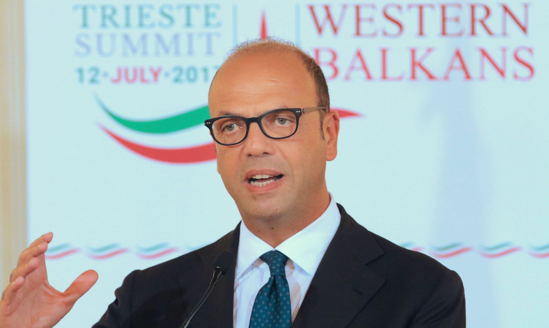 epa06081728 Italian Foreign Minister, Angelino Alfano, addresses a press conference prior the Western Balkans Meeting in Trieste, Italy, 11 July 2017. Heads of government, foreign ministers and economic ministers of the Balkans and EU members states are attending the meeting. Key issues at the meeting are expected to include laying foundations for a common Balkan market and increased regional cooperation.  EPA/ANDREA LASORTE