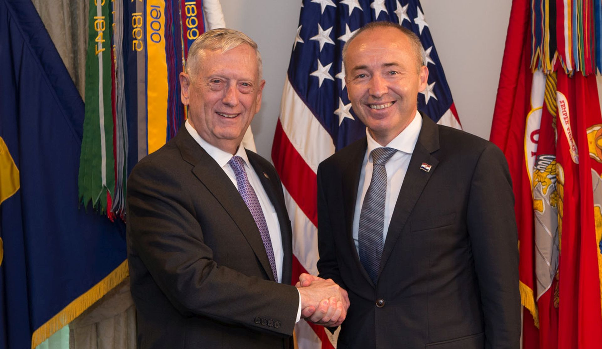 Defense Secretary Jim Mattis stands for a photo with Croatia’s Minister of Defence Damir Krstičević before a meeting at the Pentagon in Washington, D.C., July 12, 2017. (DOD photo by U.S. Army Sgt. Amber I. Smith)