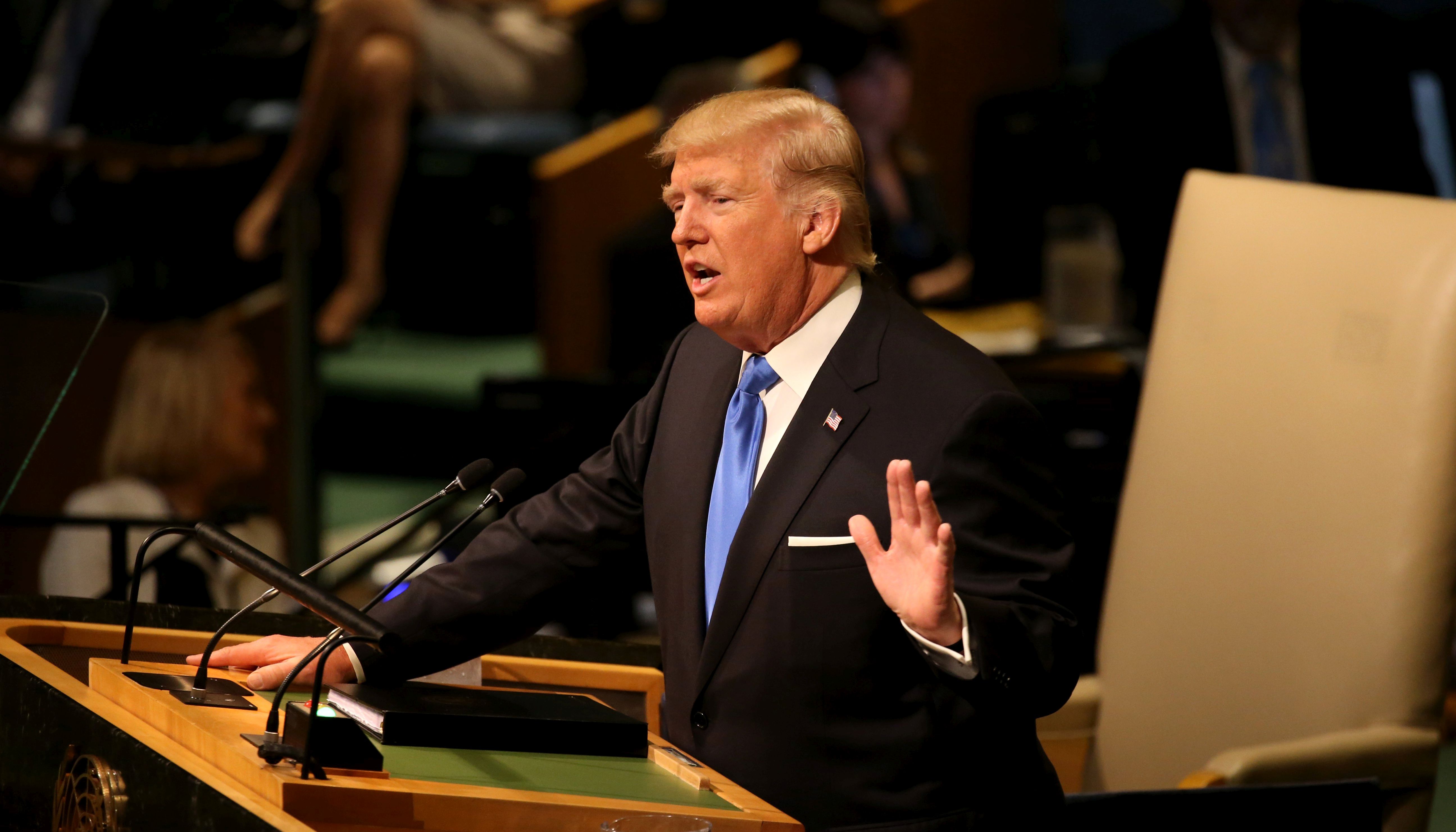 epa06213785 US President Donald J. Trump addresses the audience during the opening of the General Debate of the 72nd United Nations General Assembly at at UN headquarters in New York, New York, USA, 19 September 2017. The annual gathering of world leaders formally opens 19 September 2017, with the theme, 'Focusing on People: Striving for Peace and a Decent Life for All on a Sustainable Planet.'  EPA/PETER FOLEY